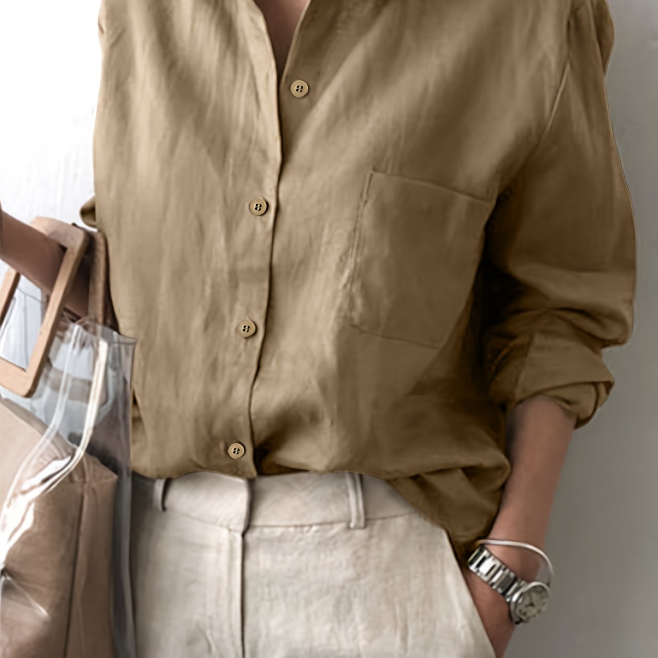 Loose Cardigan With Front Buttons And Large Pocket Long Sleeve Shirt