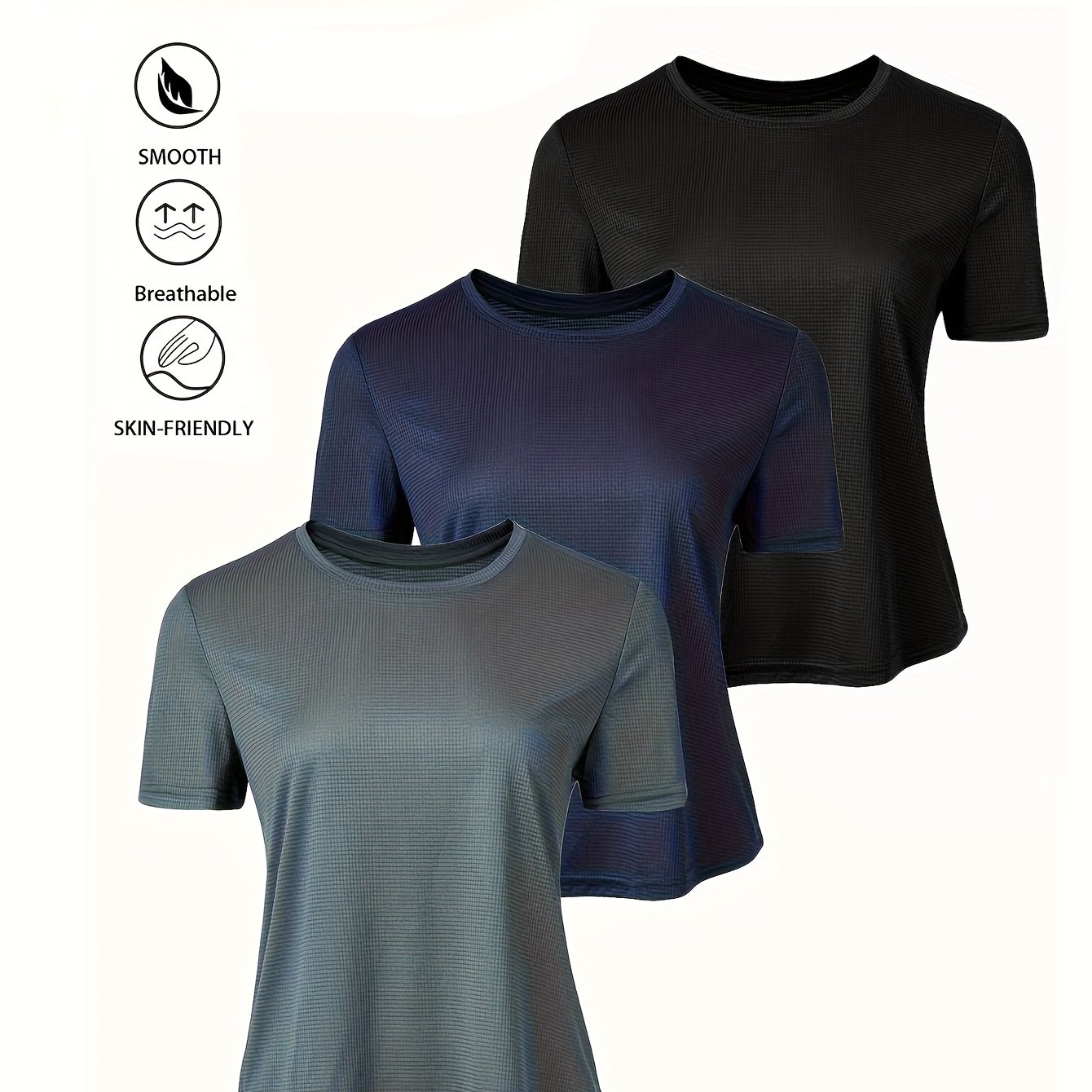 TEMU 3pcs Women's Lightweight Breathable Quick-dry Athletic Tops - Small Grid Pattern, Moisture-wicking, Machine Washable, Casual & Sportswear,
