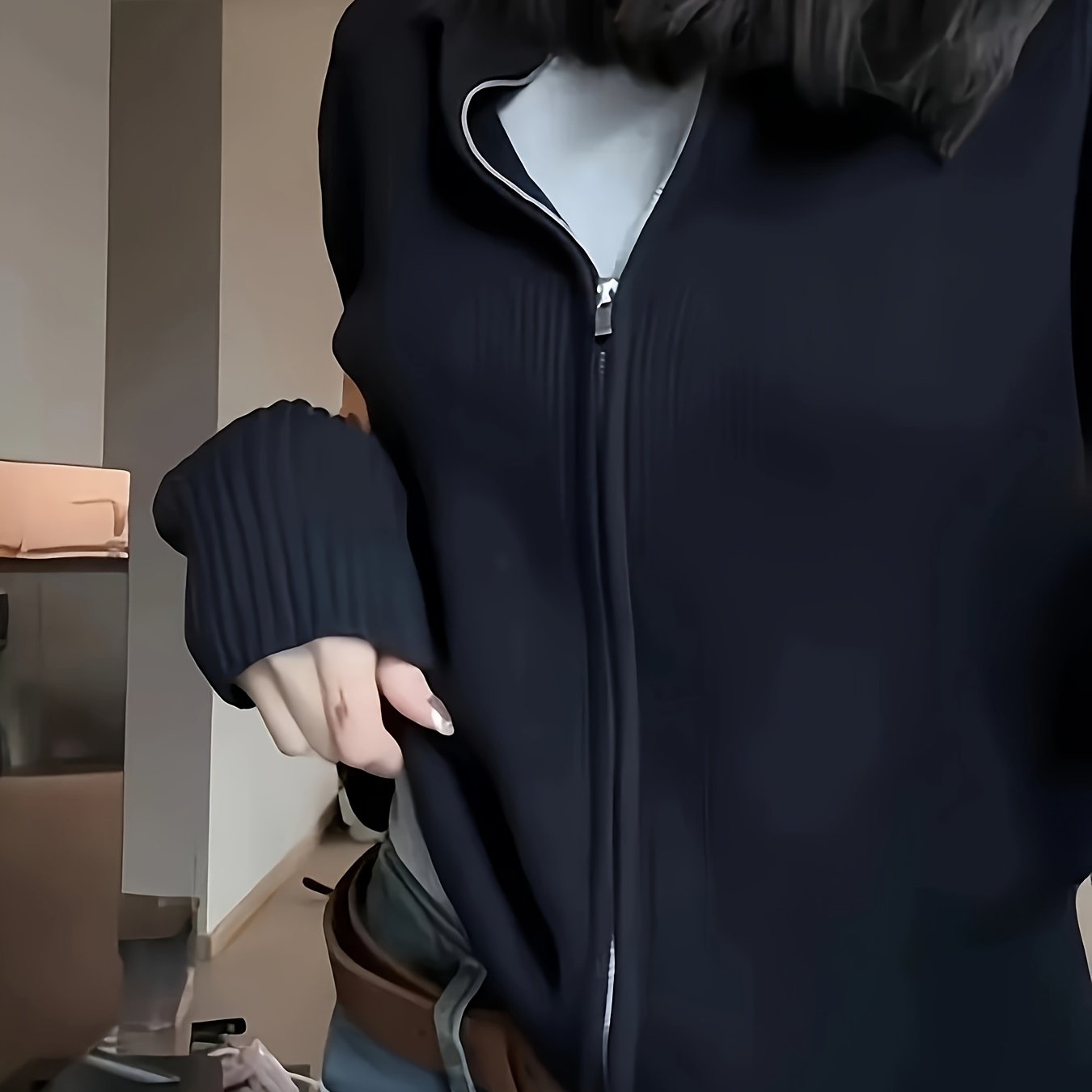 TEMU A Black Zip-up Cardigan In A Chic Style, Perfect For A Fitted Look