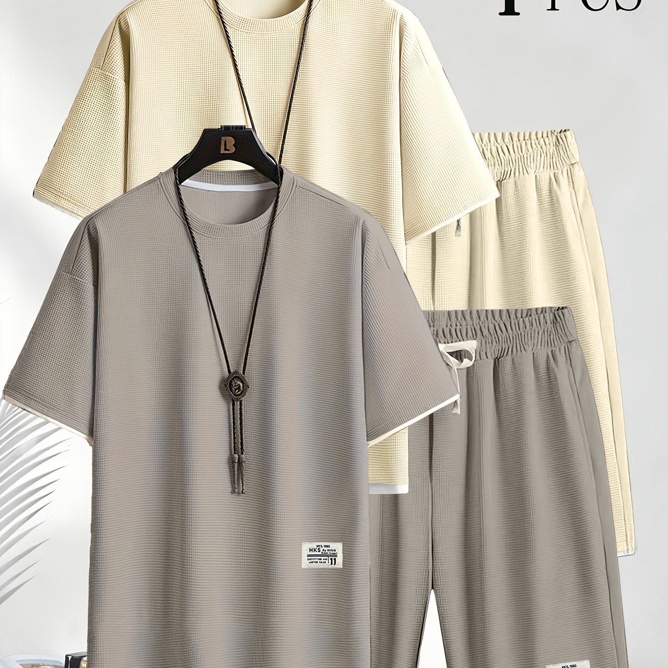 TEMU 4pcs Set Plus Size Men's Waffle Knit Casual Suit, Trendy Leisure Set, Plus Size