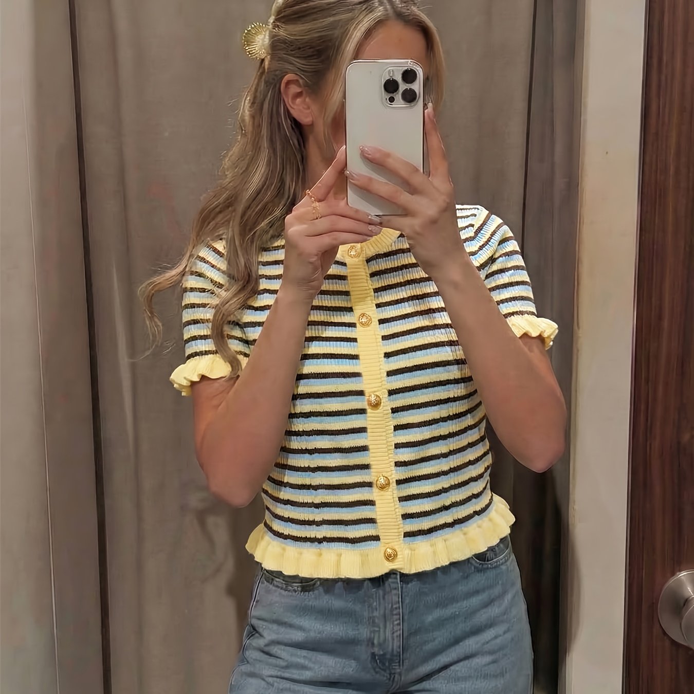 TEMU Women's Summer Striped Contrast Crewneck Button- Short-sleeve Top With Cute Retro Casual Trim, An For And Outdoor Wear