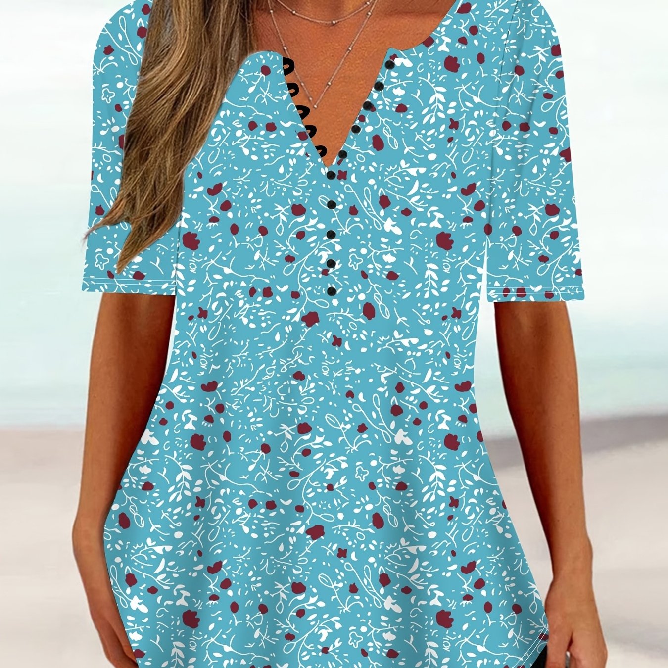 TEMU Plus Size, [popular ]plus-size Floral Print V-neck Short-sleeve Top, Loose And, Casual And Fashionable Women's Plus-size Clothing For Spring And