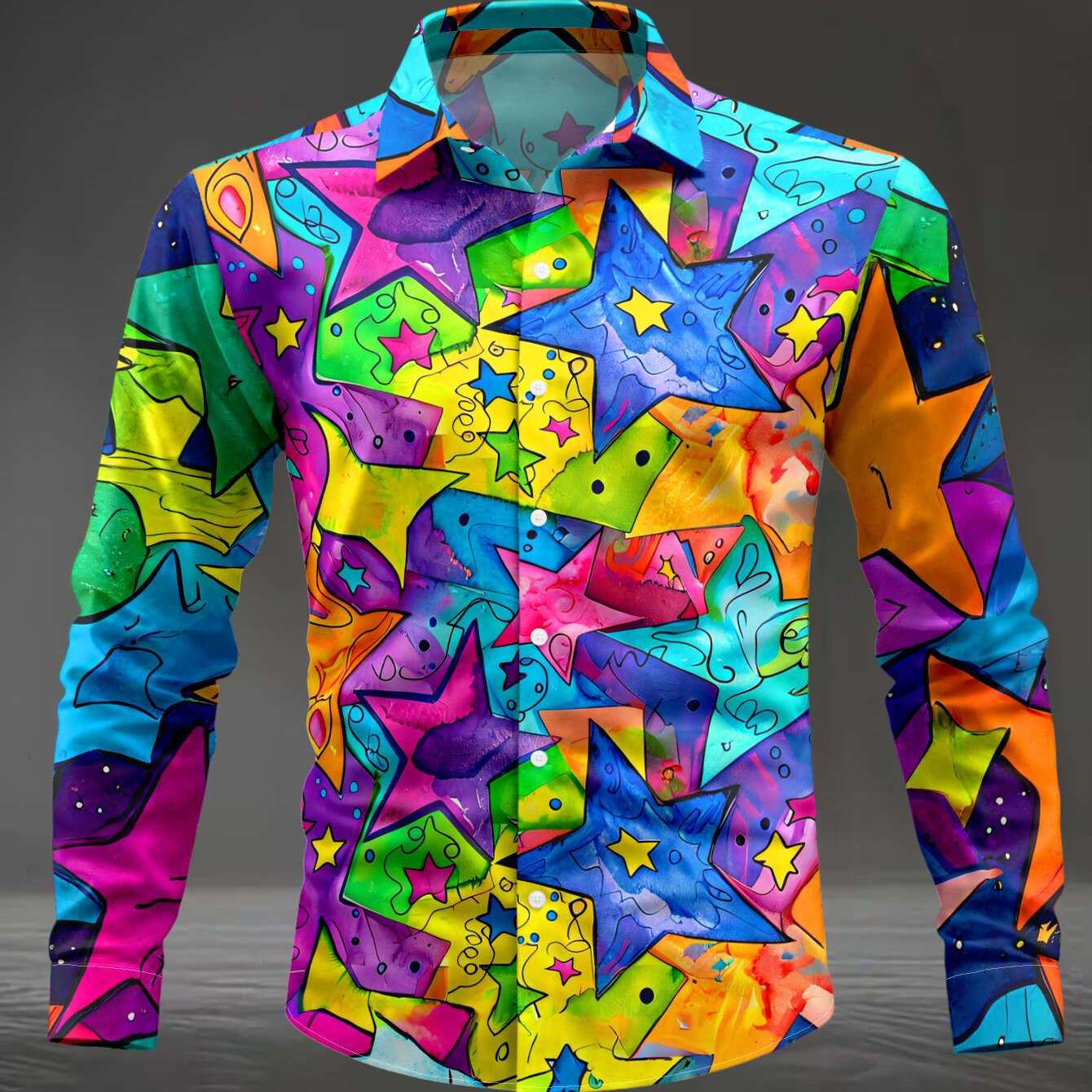TEMU 's Long-sleeve Shirt With A Night Sky Pattern Of Colorful Stars, A Versatile Commuting And Casual Top, Machine Washable, Button- Printed Shirt