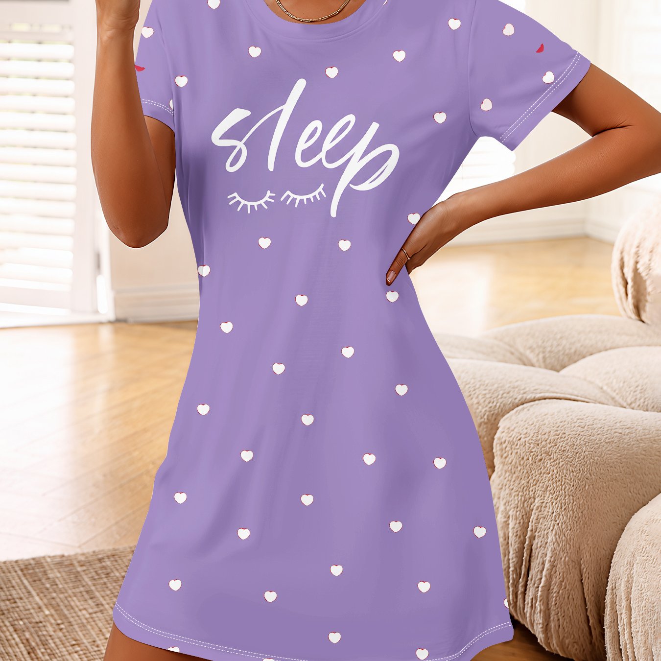TEMU Lavender Full-print Small Hearts With Closed-eye Lashes Nightdress, Fashionable And Trendy Casual Sleepwear, Suitable For At Home, Women's