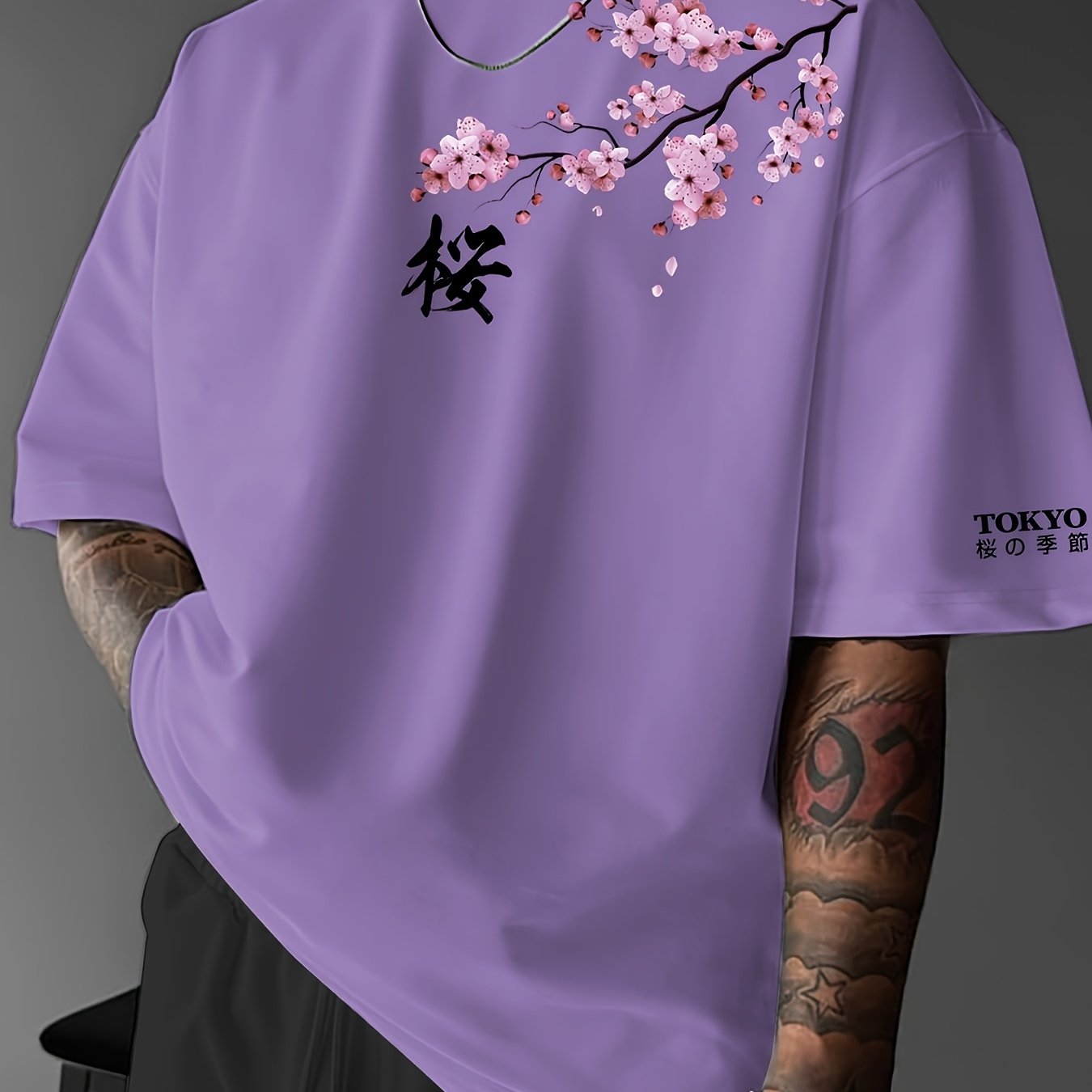 Cherry , Japanese Element, Men's Fashion Print Street Casual Short Sleeve T-shirt, Spring Summer Top Comfortable Round Neck Tee