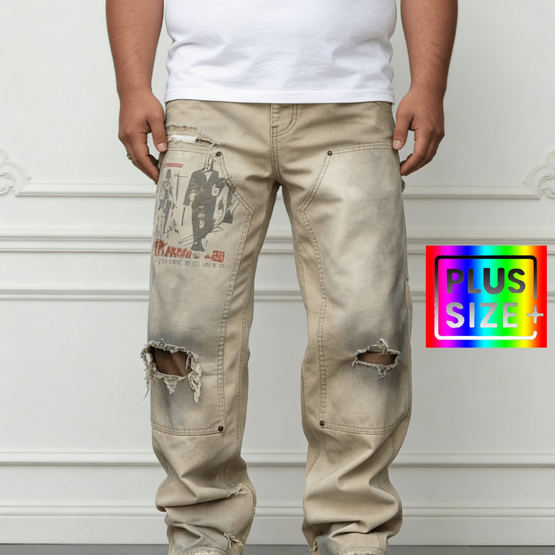 Image of Hme-335 Plus-size Men's Jeans, Loose Wide-leg Style, Street Hip-hop Vibe, Khaki Print Wide-leg Pants, Plus Size