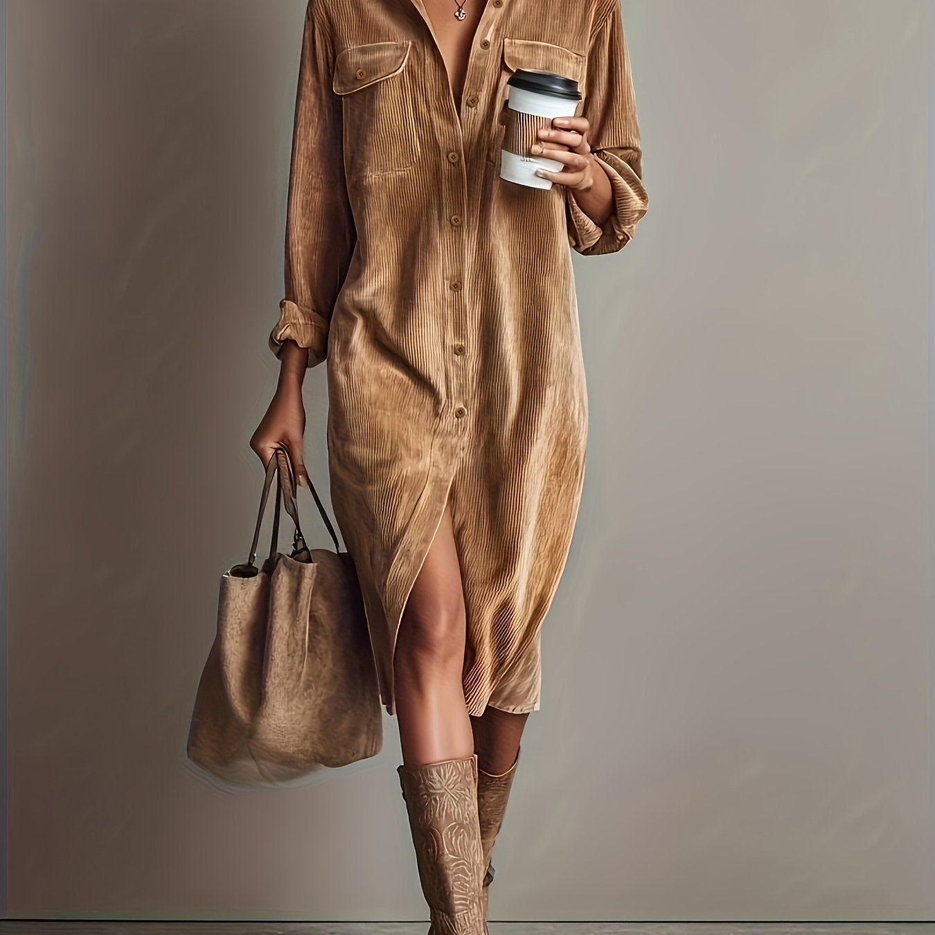 E-shop Neues Herbst/Winter Damen-Hemdkleid, elegantes, temperamentvolles Freizeitkleid aus Cord im Arbeitskleidungs-Stil mit Tasche