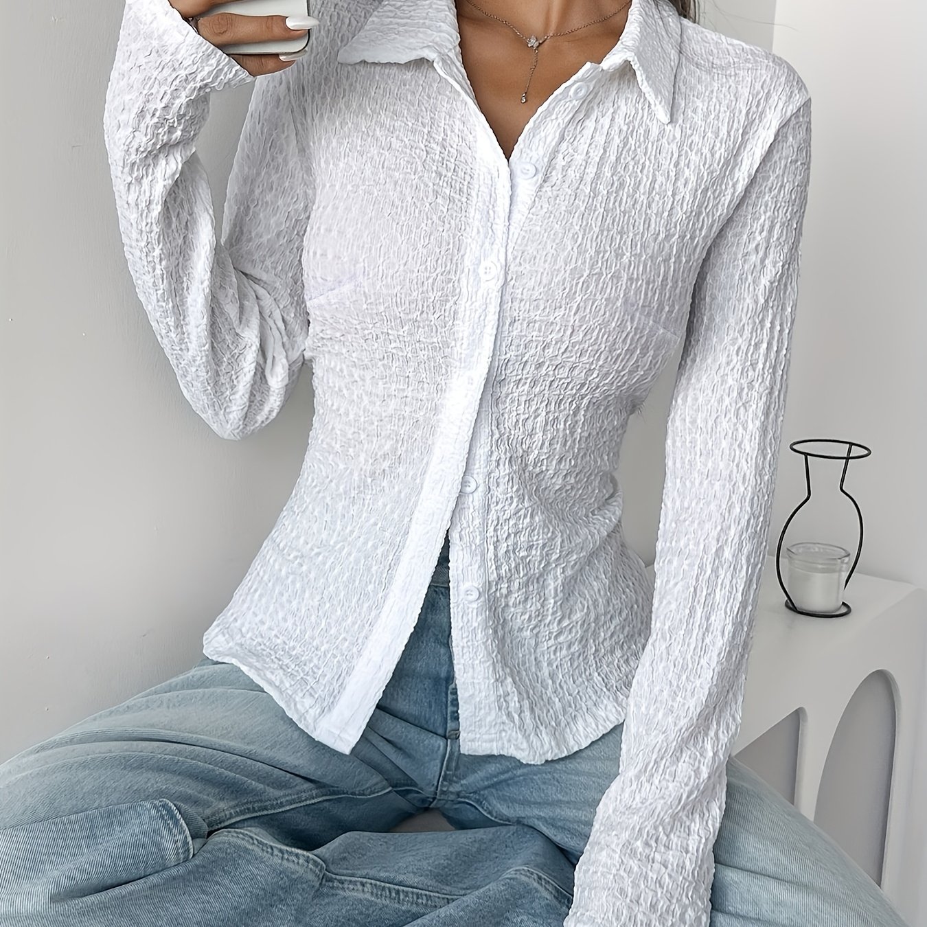 Image of Elegant Women's Long Sleeve Shirt - Solid Color, Semi-transparent, With Button Closure And Collar, Perfect For Fall/, Versatile Style | Modern Textured Shirt