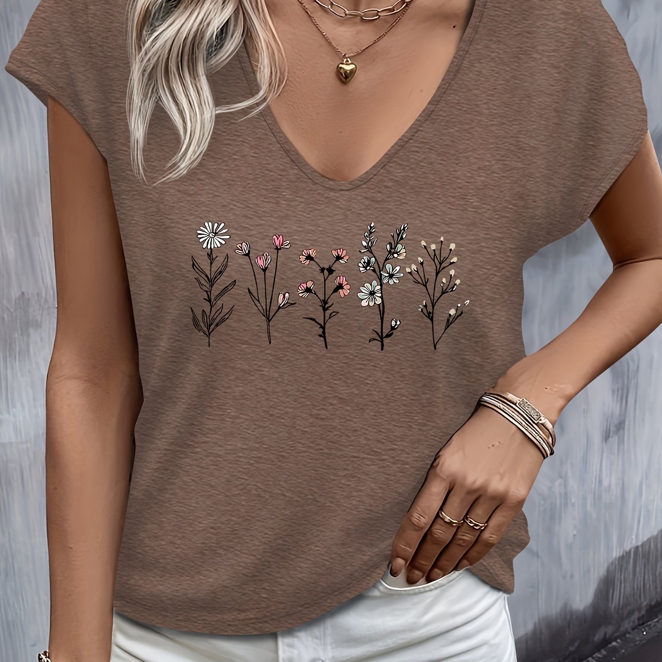 E-shop Damen Blumenmuster Lässiges Ärmelloses V-Ausschnitt T-Shirt mit Kurzen Ärmeln