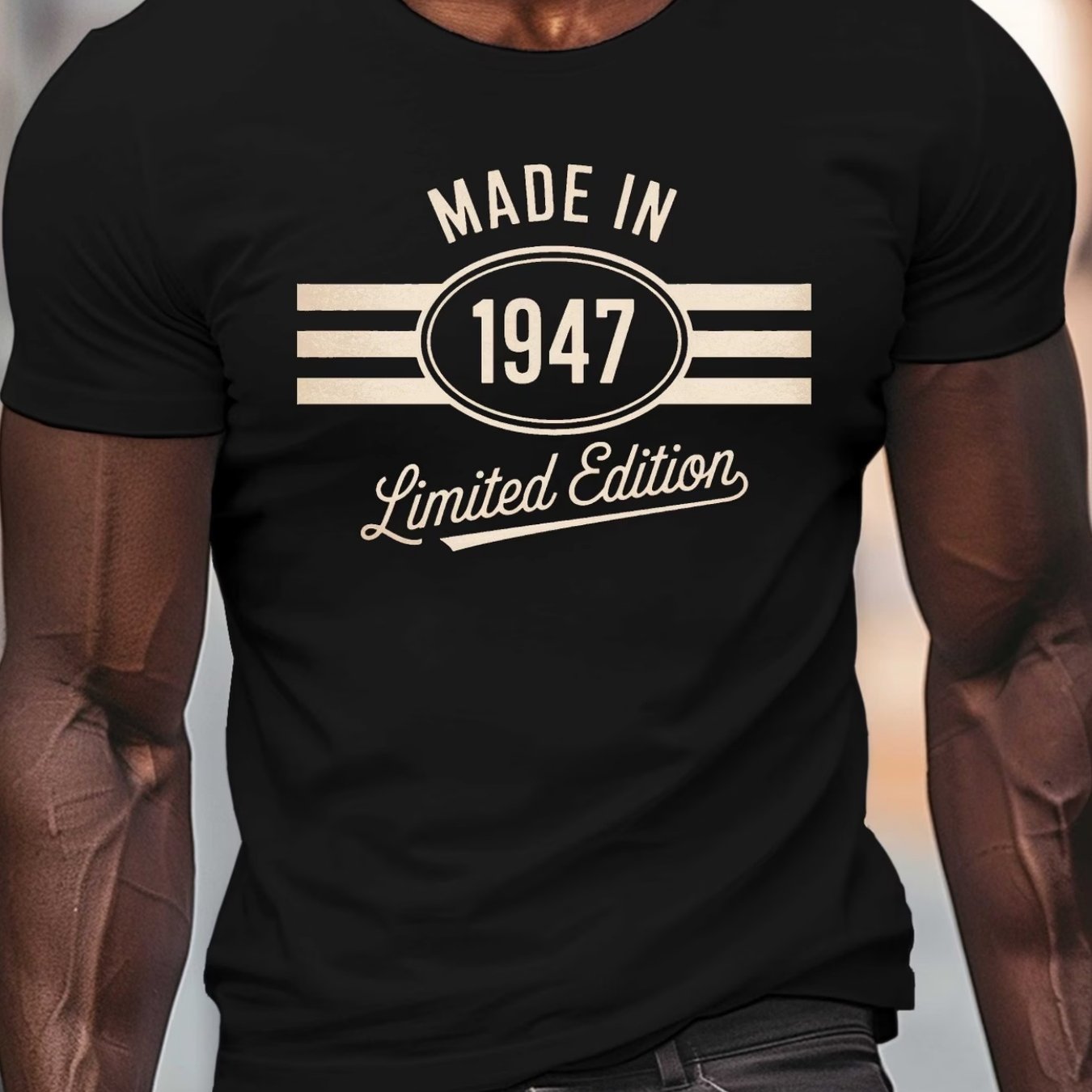 TEMU 1947 Edition Printed Men's Round Neck Short Sleeved T-shirt, Casual And Comfortable Lightweight Summer Top, Very Suitable For Daily Casual Wear