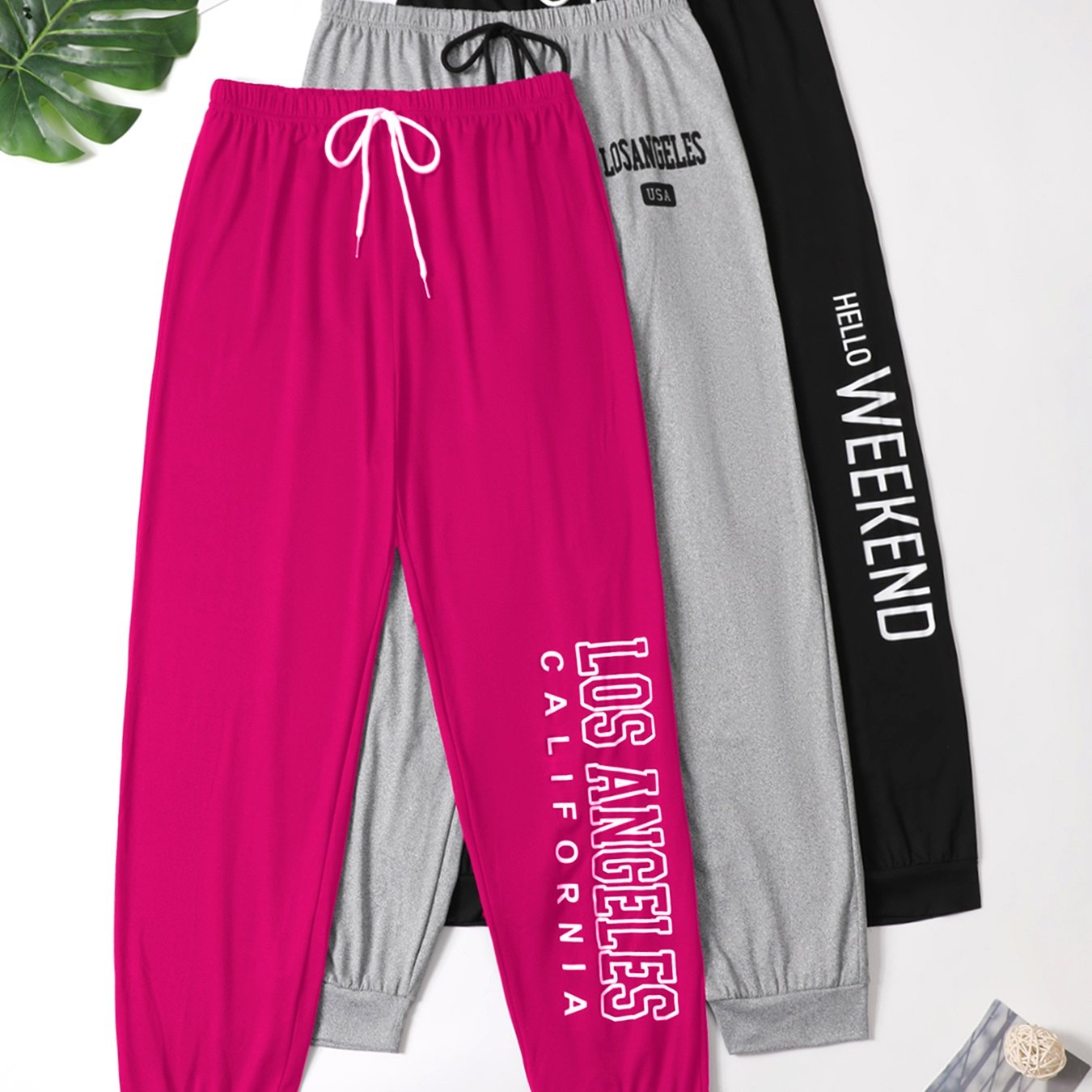 Image of Women's Plus Size Cozy Lounge Pants 3pcs - Casual Letter Print, Elastic Waist With Drawstring, Machine Washable - Perfect For Fall/winter, Home, Combination
