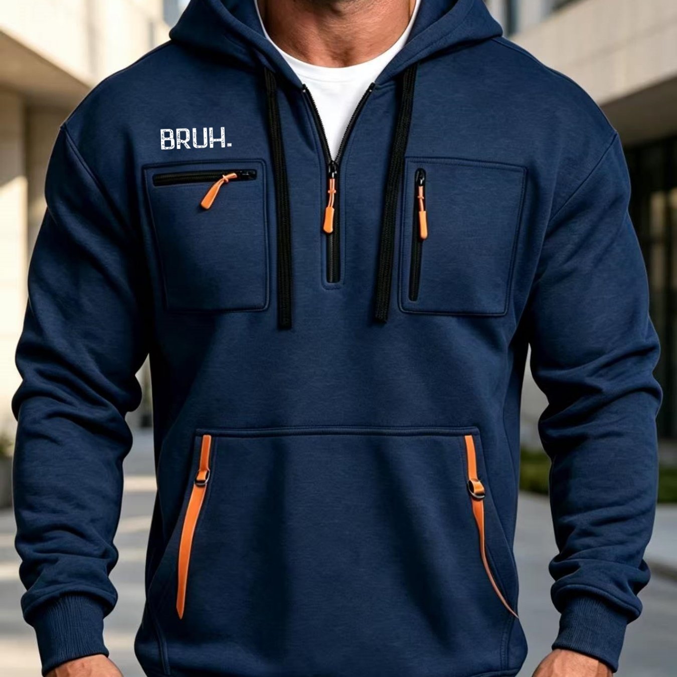 TEMU Men's Rugged Pullover Hoodie, Palette, Practical Multi-set Zipper Pockets, Fashion Print Hooded Sweatshirt, Men's Casual Sportswear, Contrast
