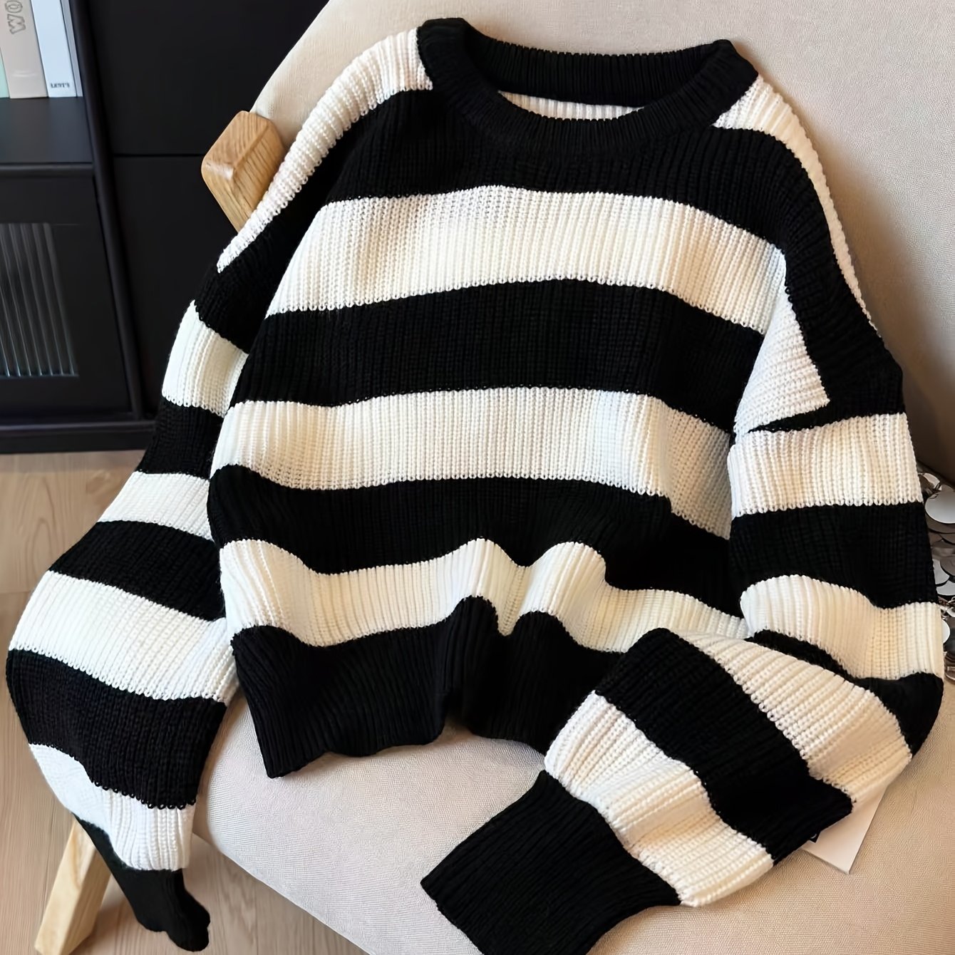 TEMU Women's Spring Autumn Sweater, Color-block Striped Contrast Round Neck Long Sleeve Top, Loose Casual All-match Daily Wear