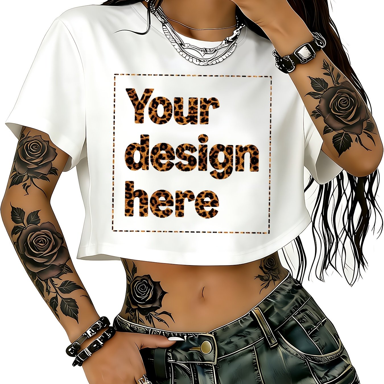 TEMU Women's Custom Cropped T-shirt - Personalized High-waist Short-sleeve Blouse Suitable For Casual Summer Outfits, Self- Lettering//, Machine