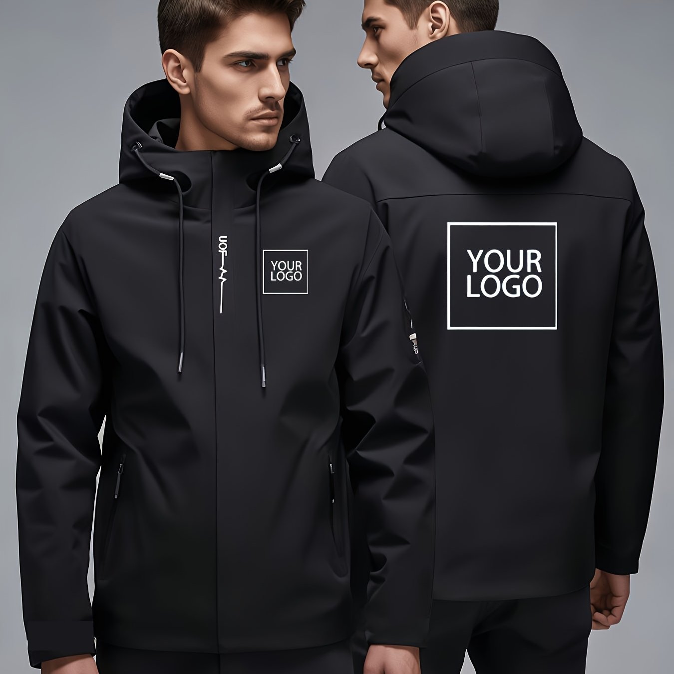TEMU Chaqueta con capucha personalizada para hombre, personalizable con logotipo, texto o diseño, cierre de cremallera y bolsillos con cremallera,