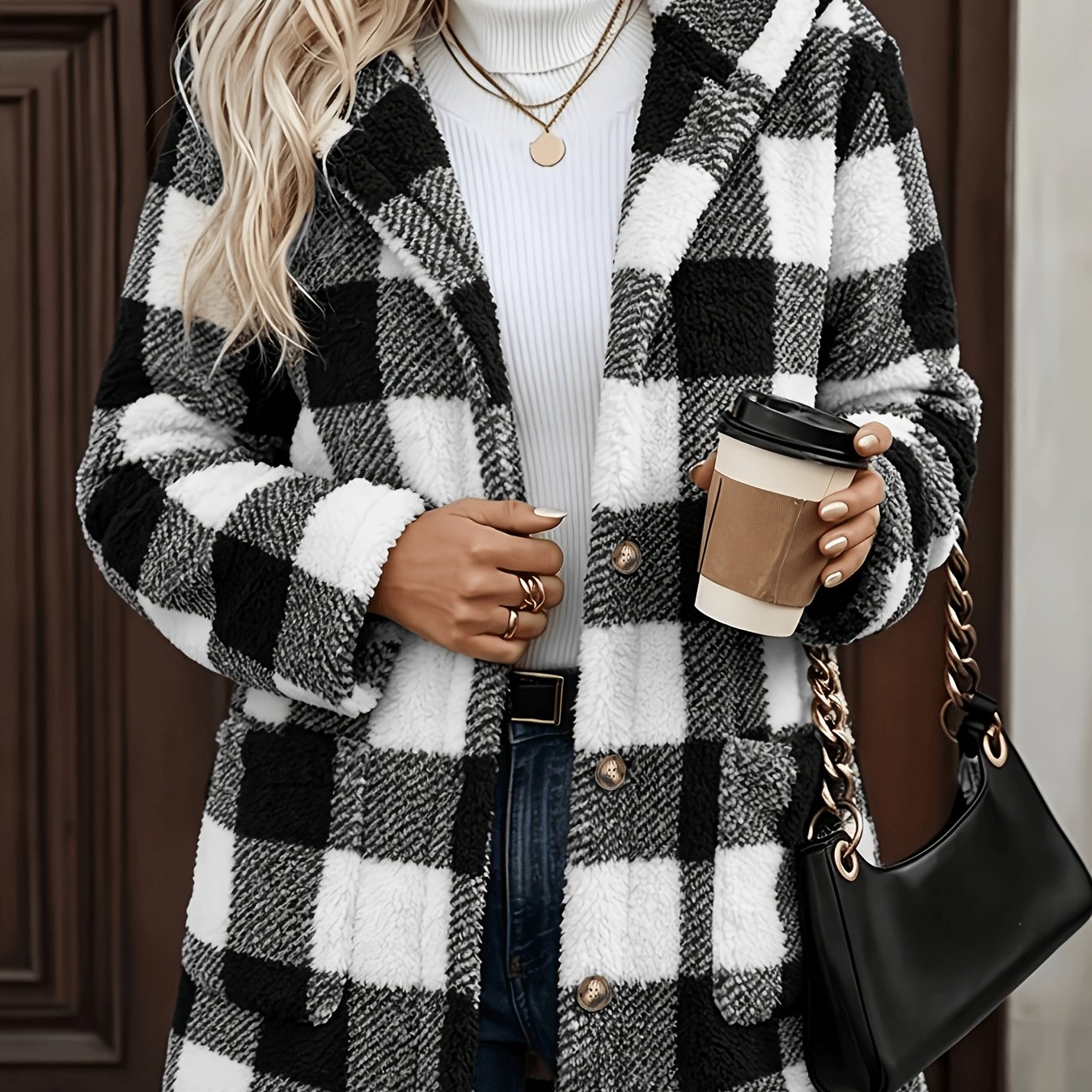 TEMU /winter 2026 Collection, Print Double-sided Jacket, Women's Elegant , Hooded Shoulder-to-shoulder Sleeve With Front Button Closure, Featuring