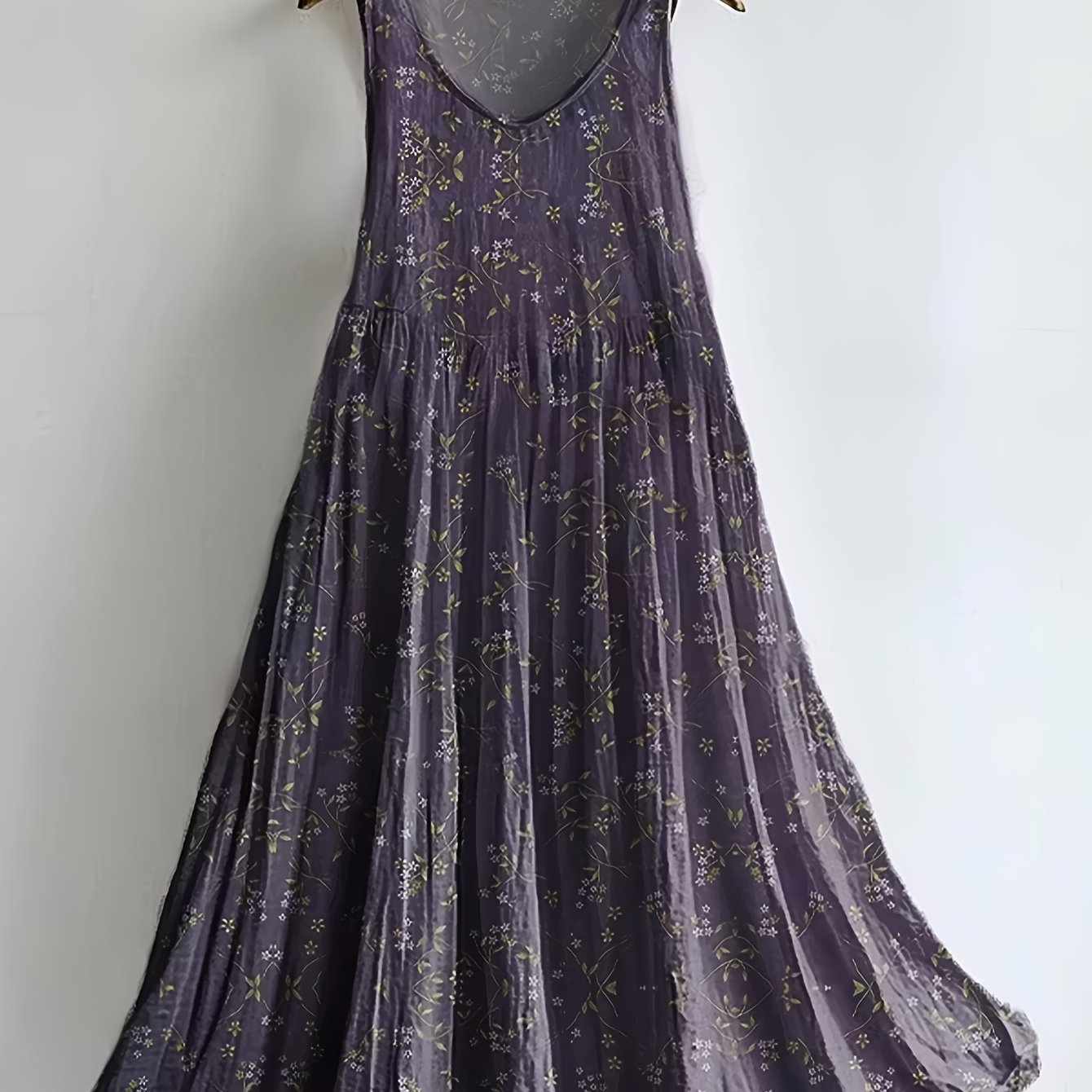 Image of Women's Summer Dress V-neck Sleeveless Purple Small Floral Loose A-line Midi Dress Vacation Refreshing Outfit