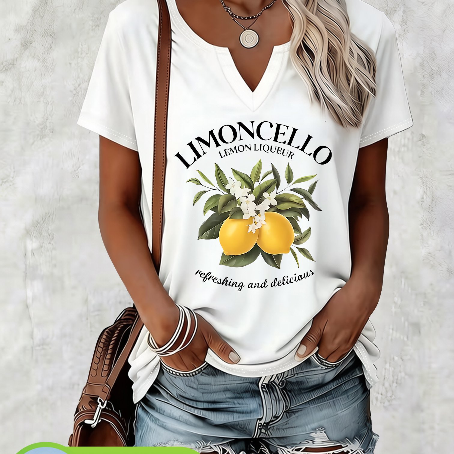 Women's Spring Summer Fashion Casual 100% Short Sleeve V-neck T-shirt, Lemon Pattern Printed Tee, Comfortable And Close-fitting Women's Summer Easy Casual Versatile Top T-shirt