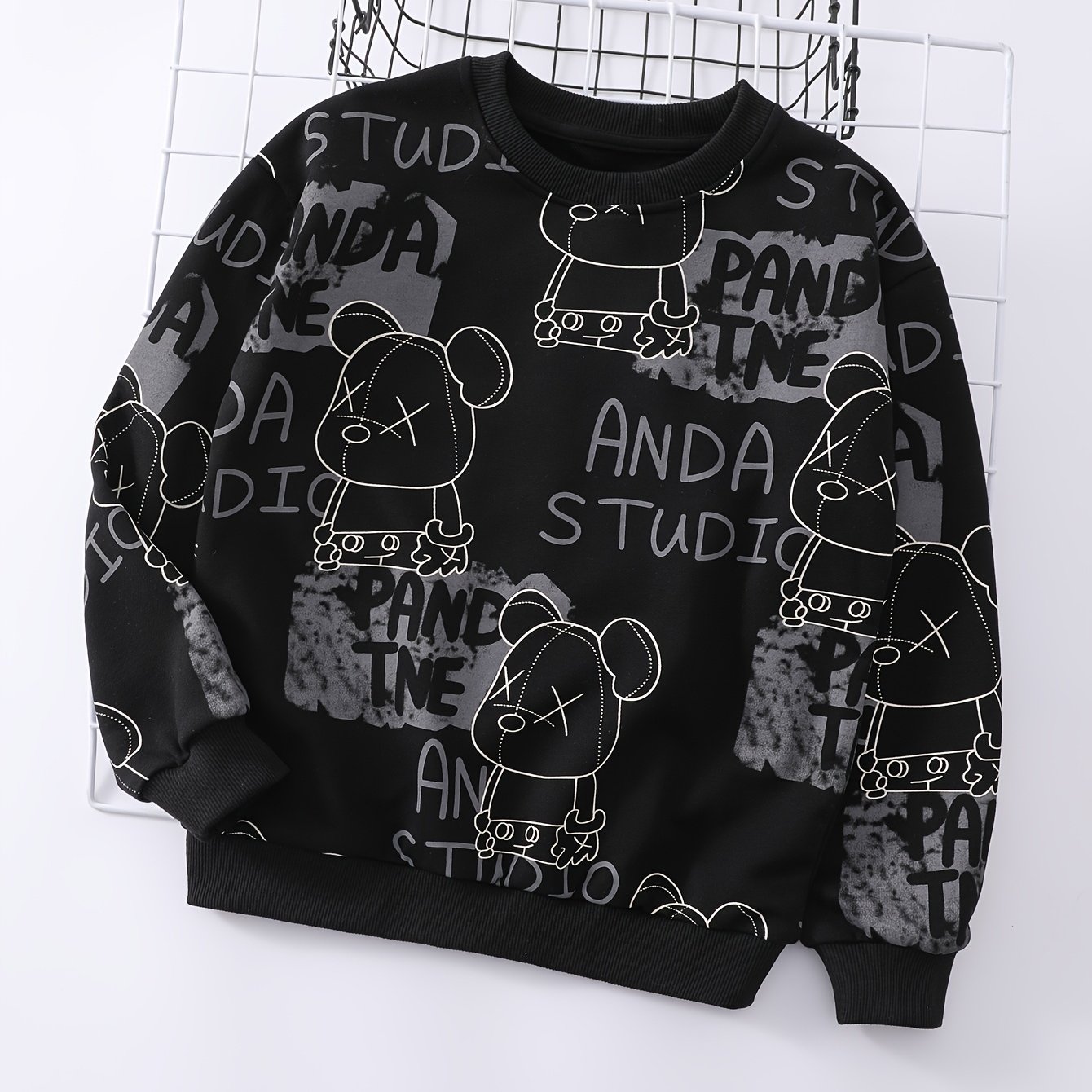 Image of Boys' Autumn/winter Thickened Sweatshirt With Cartoon Bear Graffiti And Letter Print, Long Sleeve Crew Neck Pullover, Warm Streetwear Hip-hop Casual Top For Children And Teens, School And Daily Wear