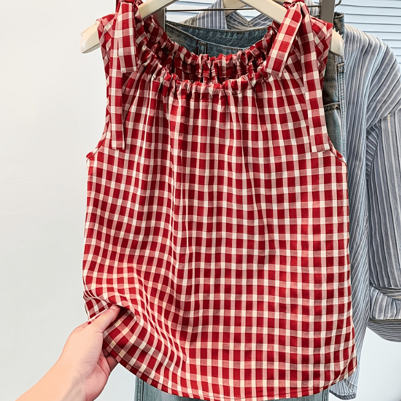 TEMU Women's Checkered Suspender Vest, Bow Detail Shoulder Strap Design Sleeveless Top, Ladies' Neck-tied Fresh Blouse
