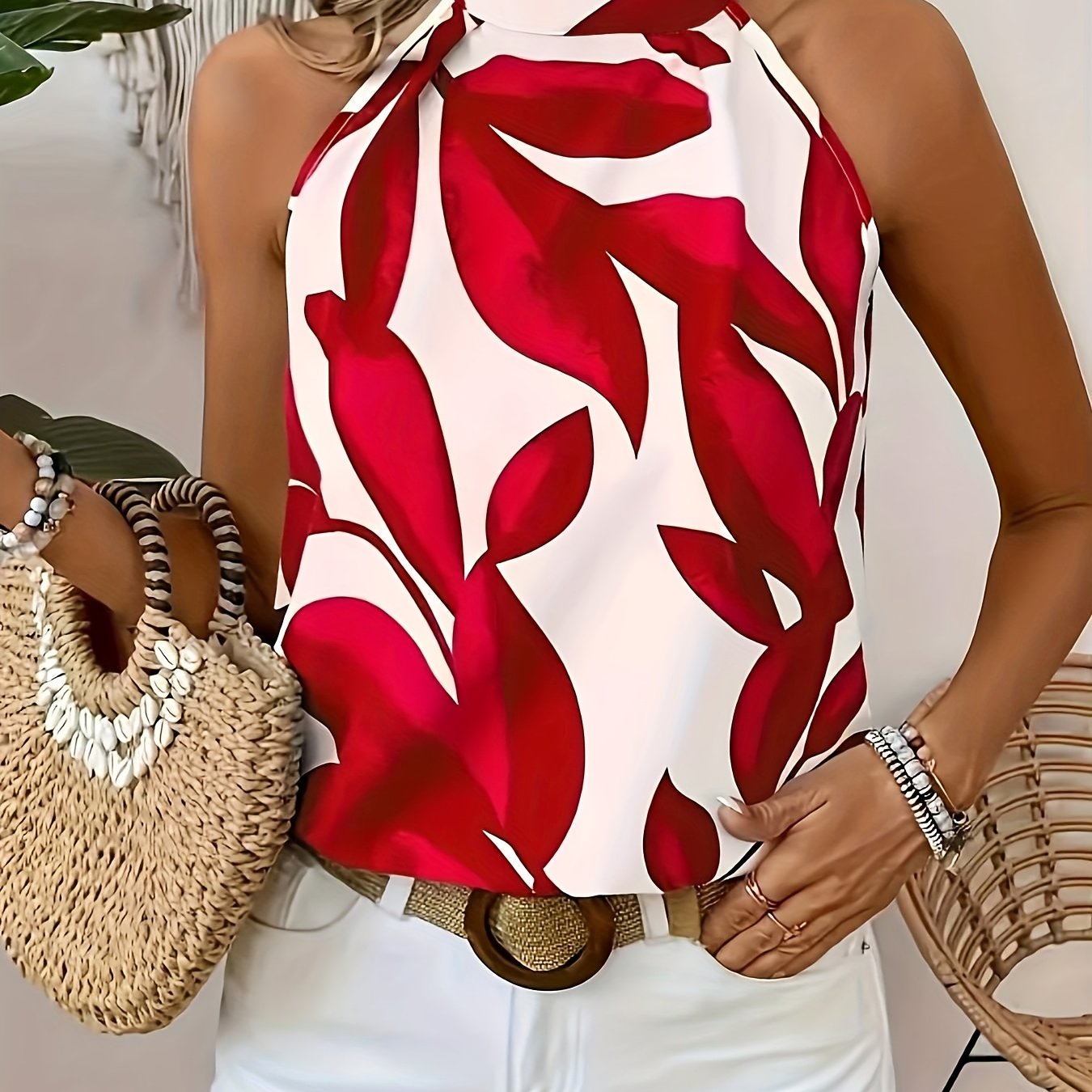 TEMU Plus Size Women's Elegant Sleeveless Round Neck Blouse - Leaf Print On White, Lightweight Summer Casual Shirt, Silhouette, Machine Washable, Relaxed Outing Attire, Nontransparent Fabric