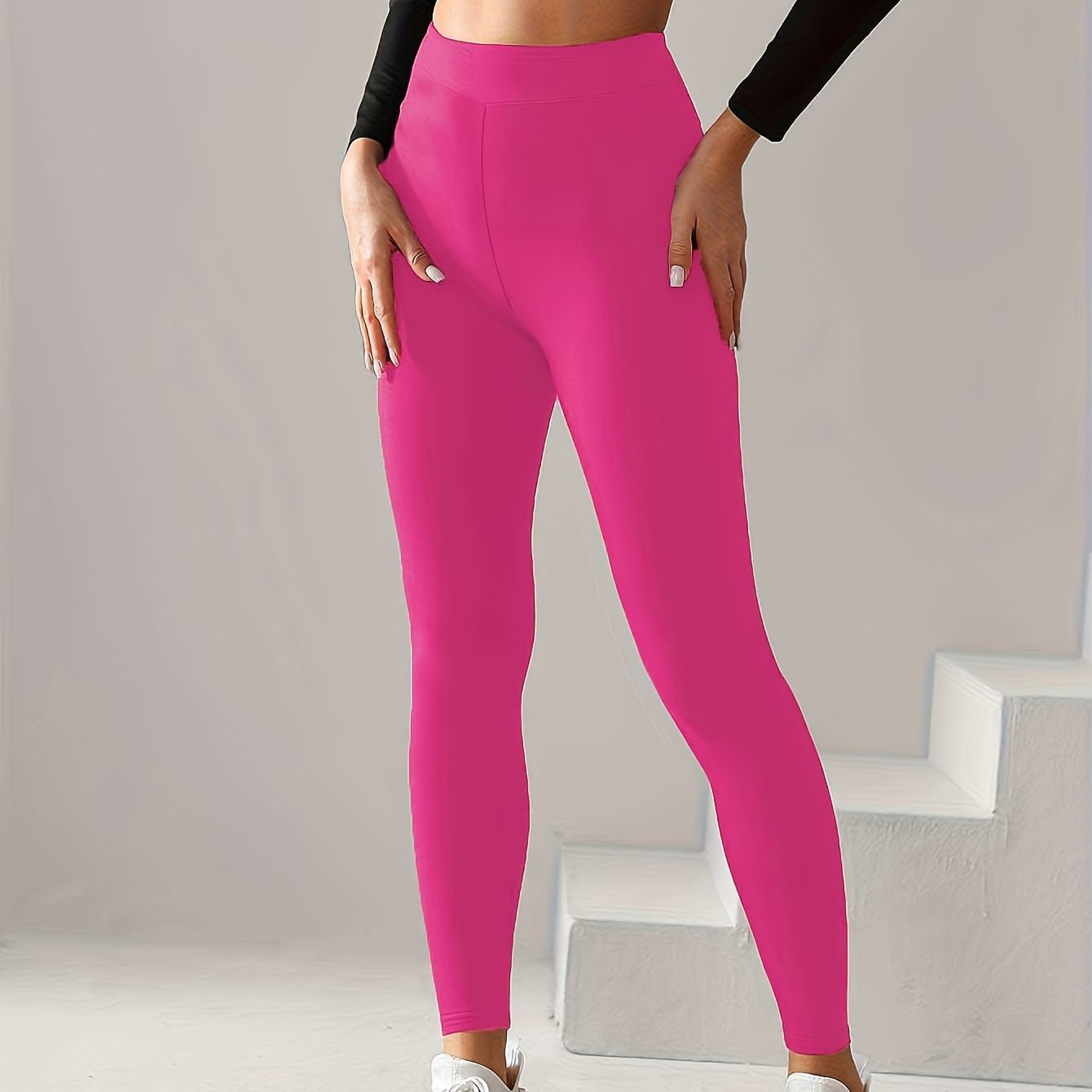 TEMU Simple And Fashionable Solid Color Casual Sports Pants, Elastic Tight-fitting Leggings, Comfortable Polyester With Stretch