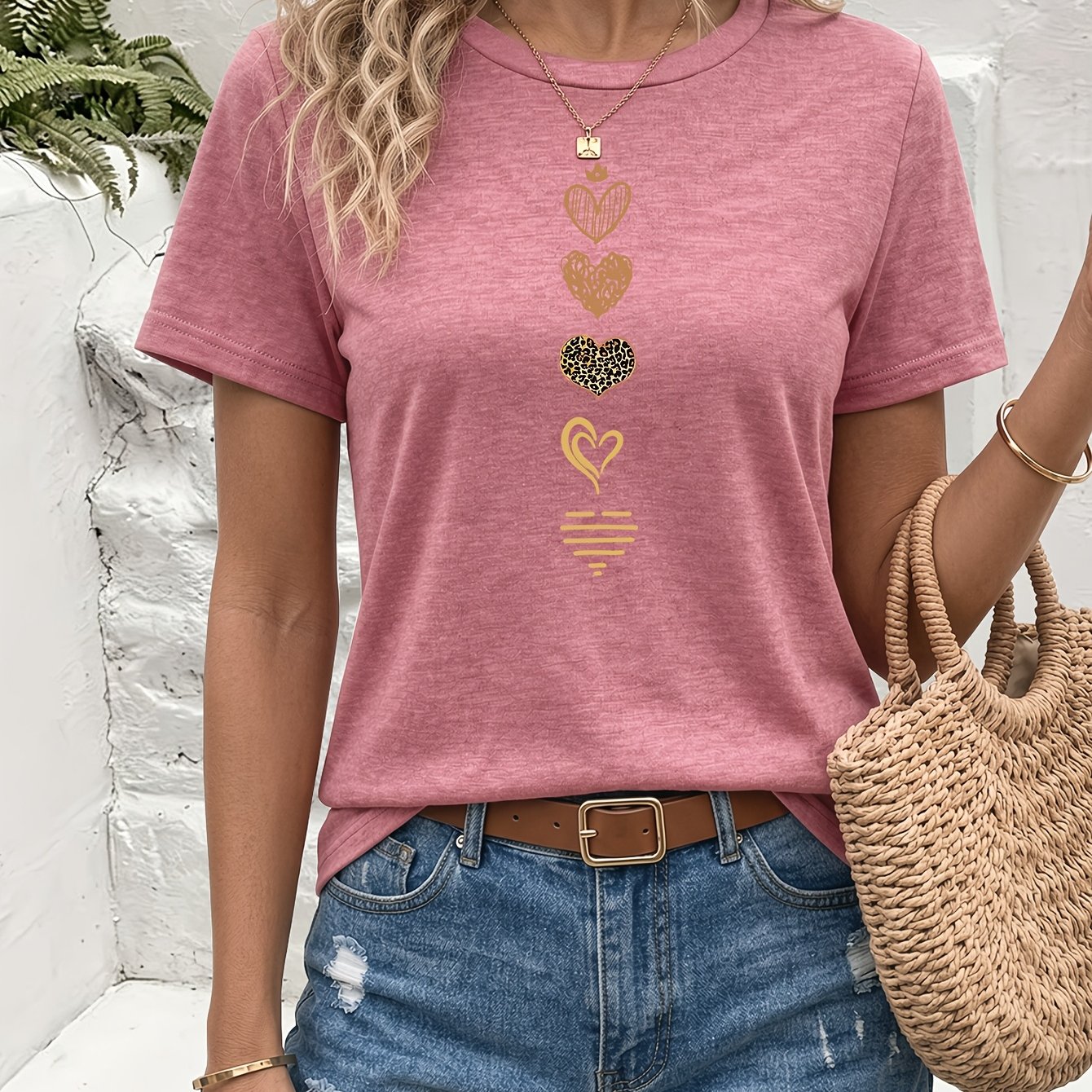 TEMU 5 Different Styles Of Heart-pattern Printed Round Neck Colored Short-sleeve T-shirts, Comfortable And Breathable, Vintage Casual, Versatile