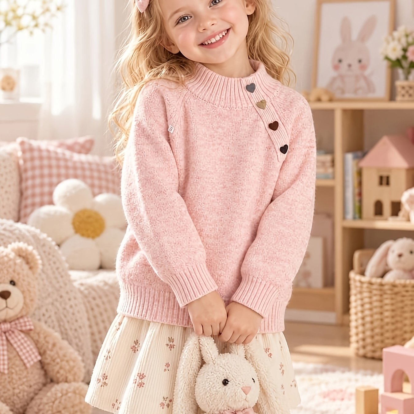Image of Autumn And Winter Girls' Heart Sweater, Warm Long-sleeved Round Neck Knitted Toddler Pullover, Casual Sportswear Clothing