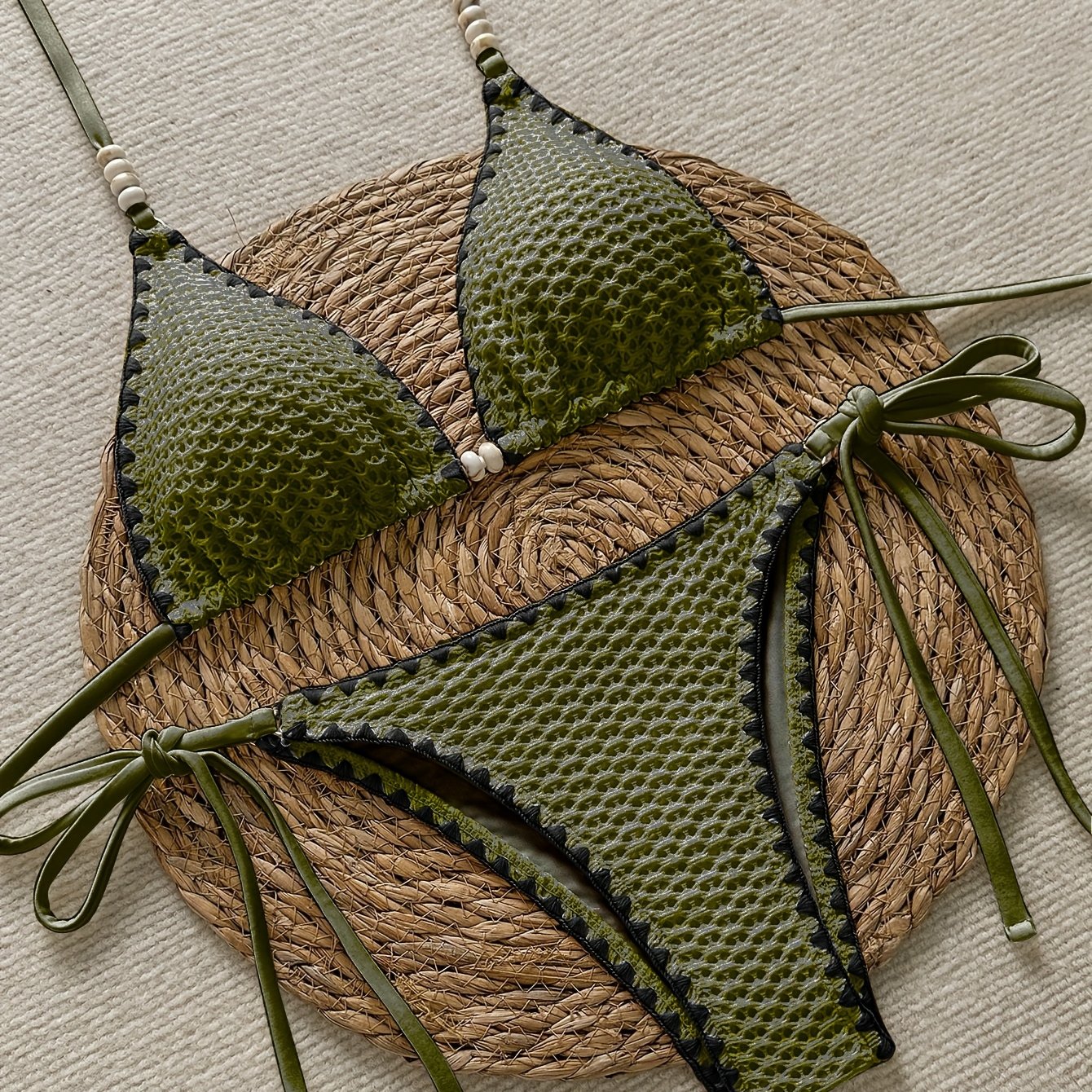 Image of Women's Olive Green Textured Triangle Bikini Set With Beaded Straps