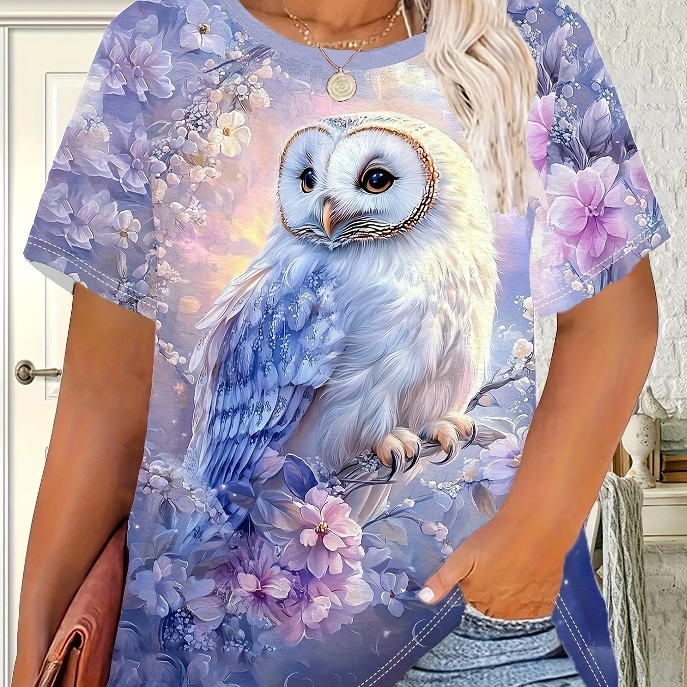 TEMU Women' Purple & Print T-shirt - Breathable Short Sleeve Blouse Suitable For , Outdoor Gatherings, Spring Summer Fall Casual Outfits, Machine