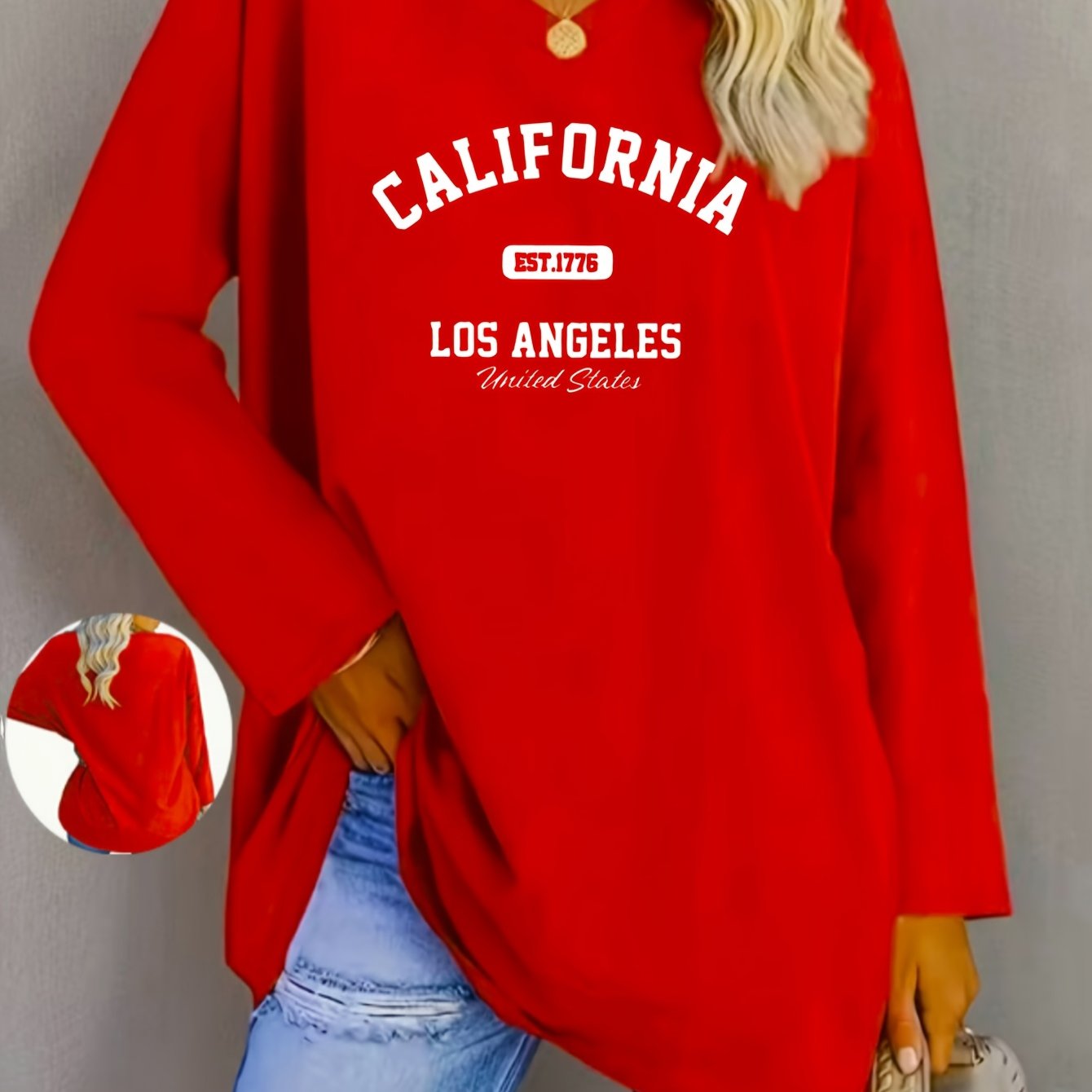TEMU Plus Size - Big Size V-neck Long Sleeve T-shirt California Est. 1776 Los Angeles United States Casual Wear For Everyday And Travel