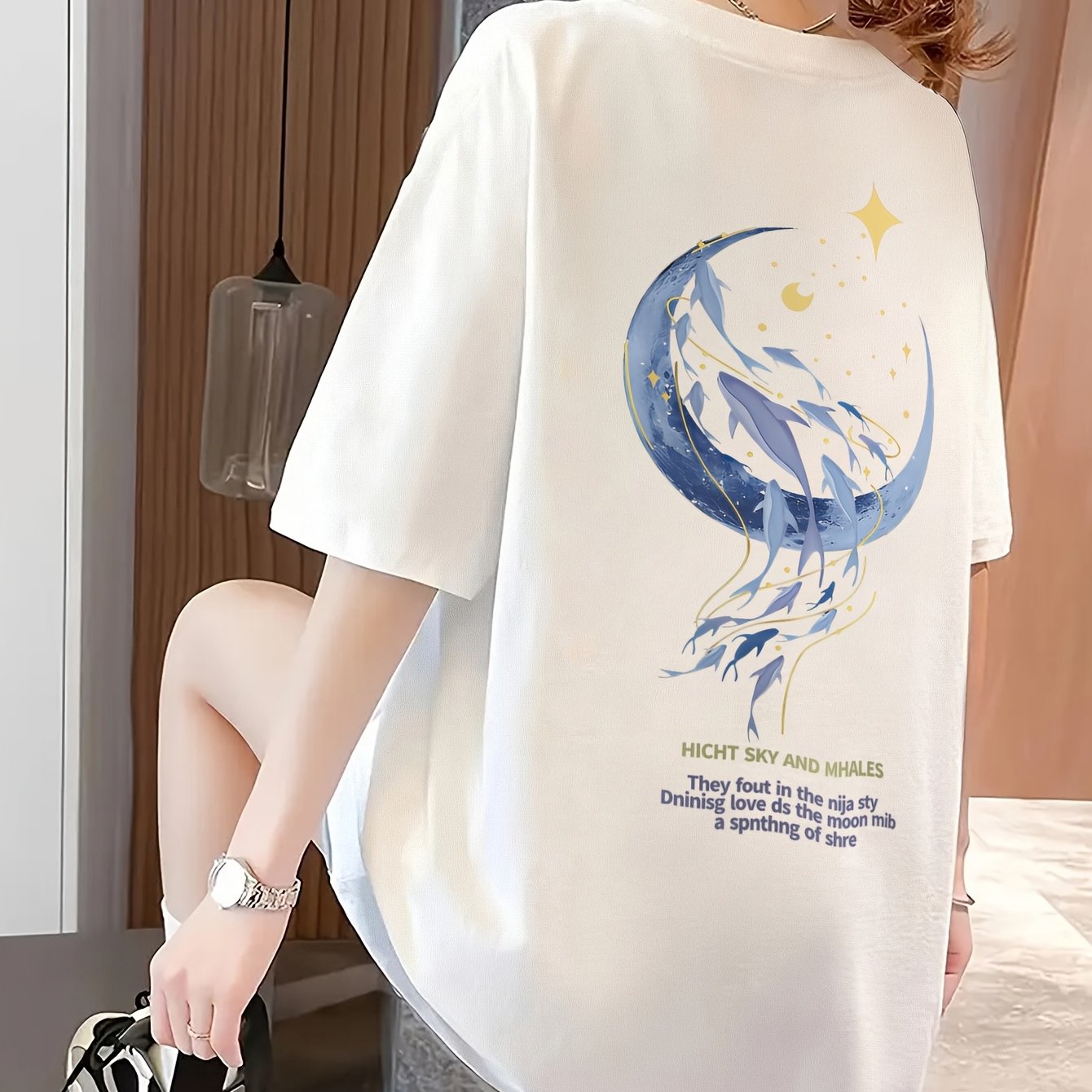 TEMU 여성용 여름 캐주얼 활용도 높은 기하학 프린트 미디 루즈핏 라운드넥 반팔 티셔츠 상의