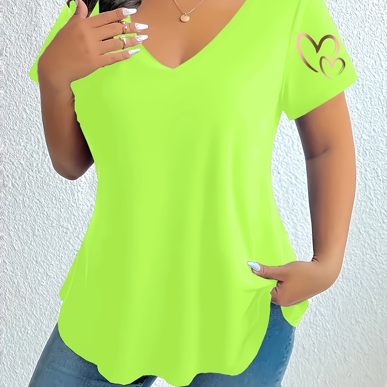 TEMU Plus Size Women V-neck Solid Geometric Pattern T-shirt