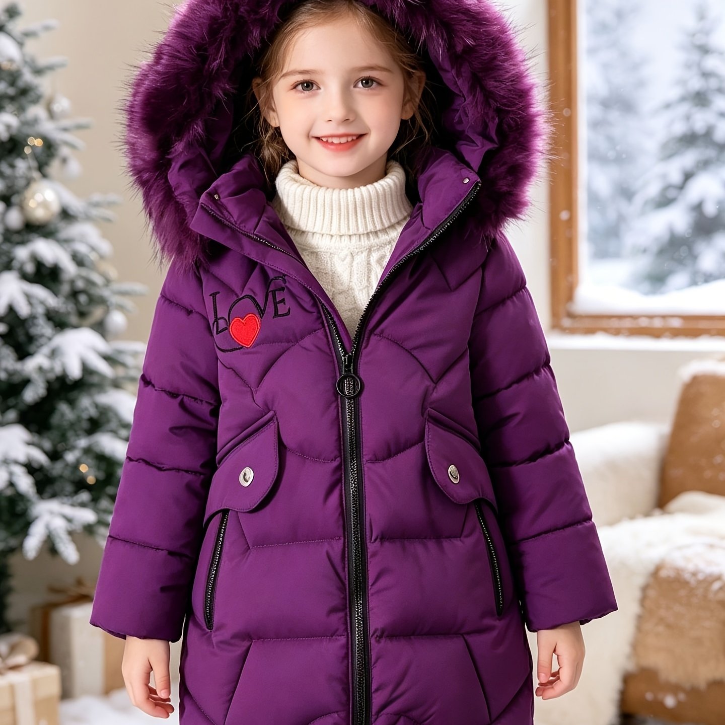 Image of Girls' Mid-length Hooded Coat For Winter, Thickened Anti- For Cold Jacket, Loose And For , Suitable For Cold Weather, Stylish And Cute And Winter Thickened Warm Outdoor Clothing Jacket.