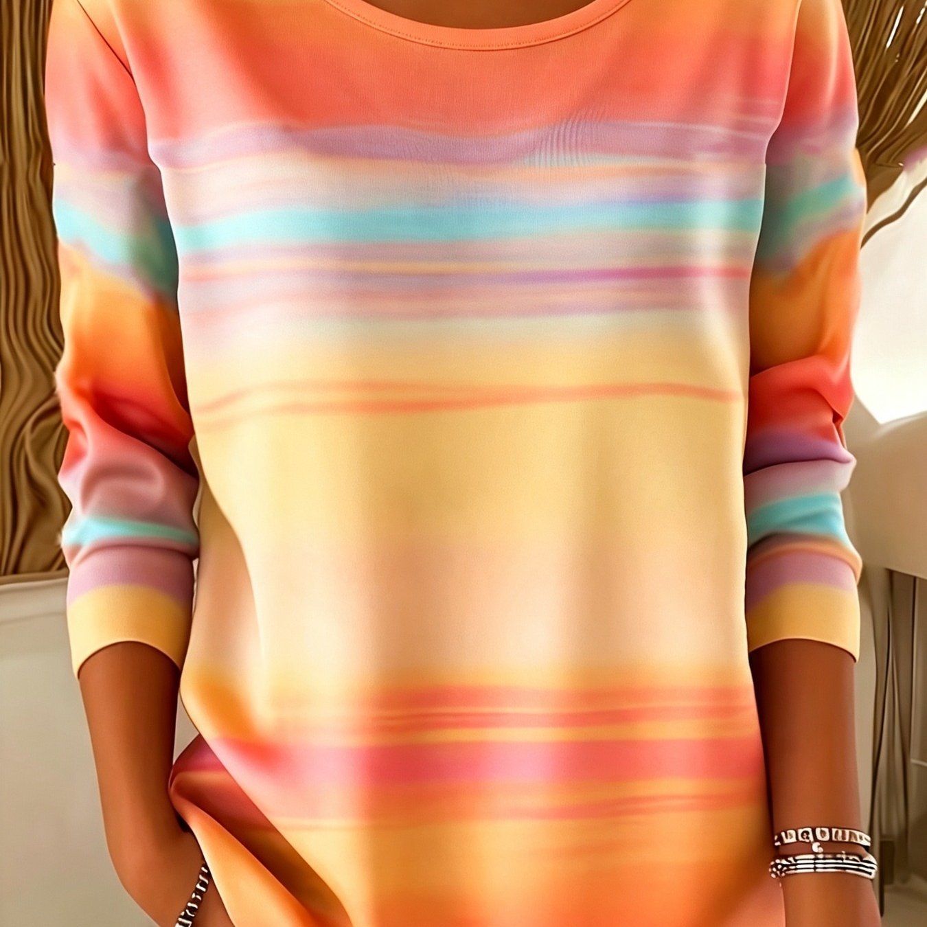 TEMU Women's Color Gradient Long-sleeve T-shirt, Womens Shirts Stylish And Elegant, Suitable For Daily Autumn Wear And Winter Layering