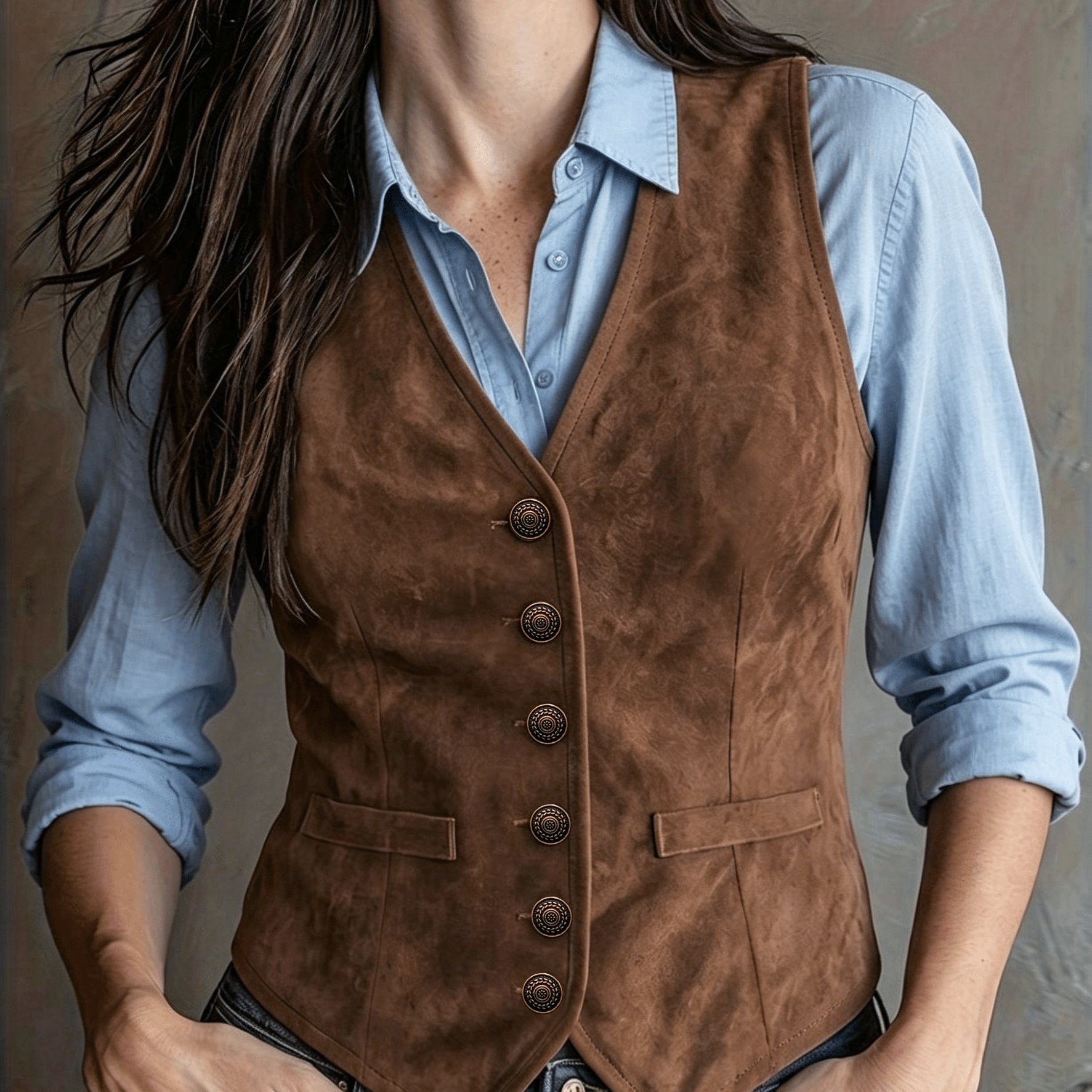 TEMU Women's Vintage Suede Vest, V-neck Sleeveless Single-button Fake Pocket Tank Top, Western Cowboy Style Slim Short Vest, Casual Layered Outerwear