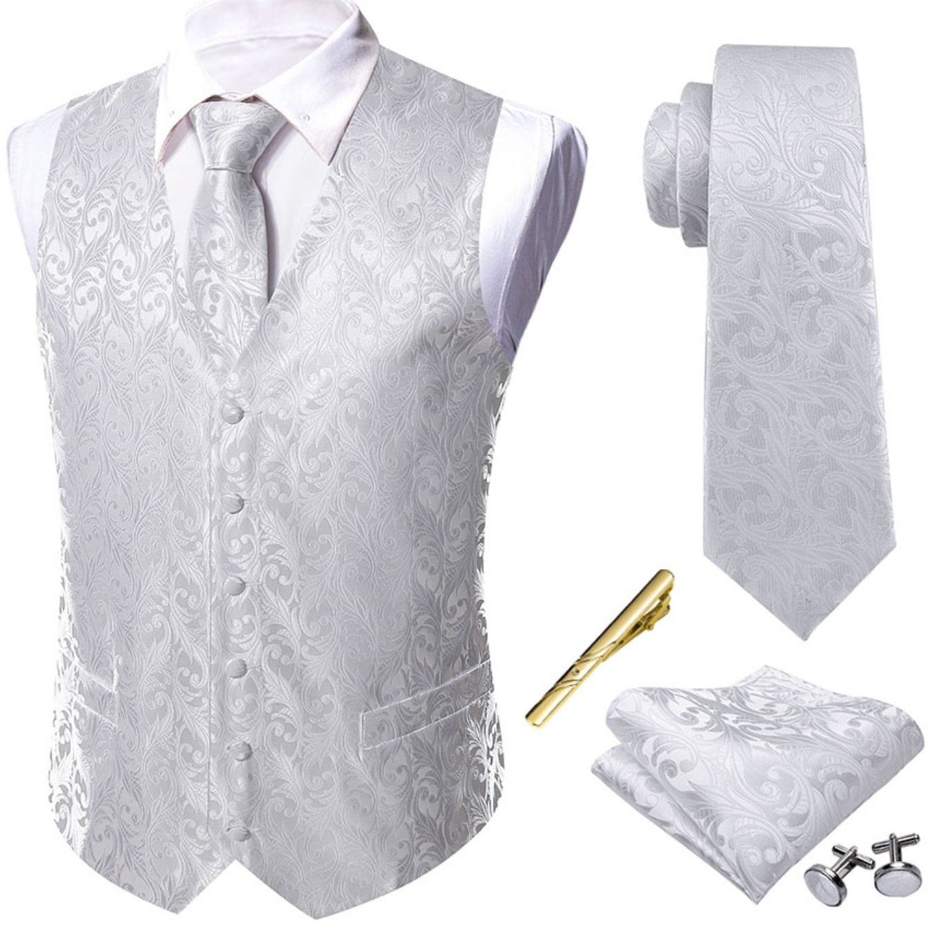 Image of Classic Men' Floral Suit Vest Tie Jacquard Formal Waistcoat Hanky Tie Clip Set Wedding Party, Plus Size
