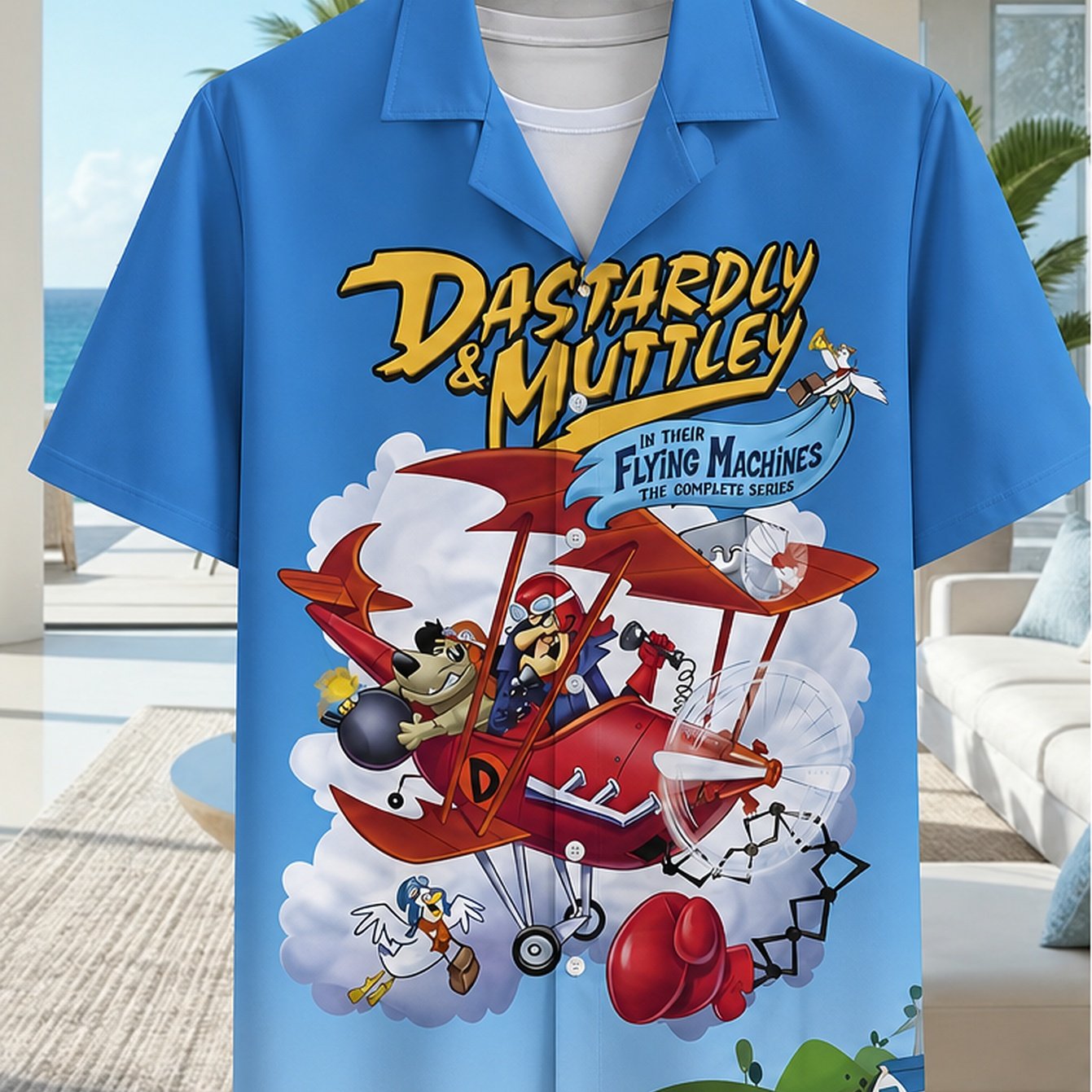 TEMU [print Design - Not Textured] Blue Cartoon Print Men's Short Sleeve Shirt, Fun Retro Casual Top, Plus Size
