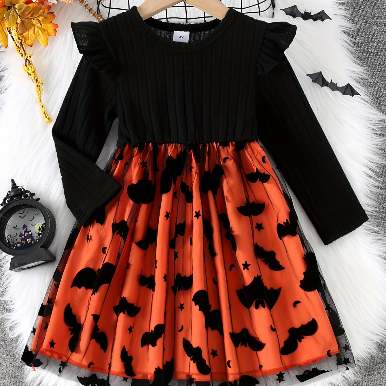 Halloween Girls' Casual Brushed Ribbed Batwing Sleeve Bat Flocked Mesh Dress