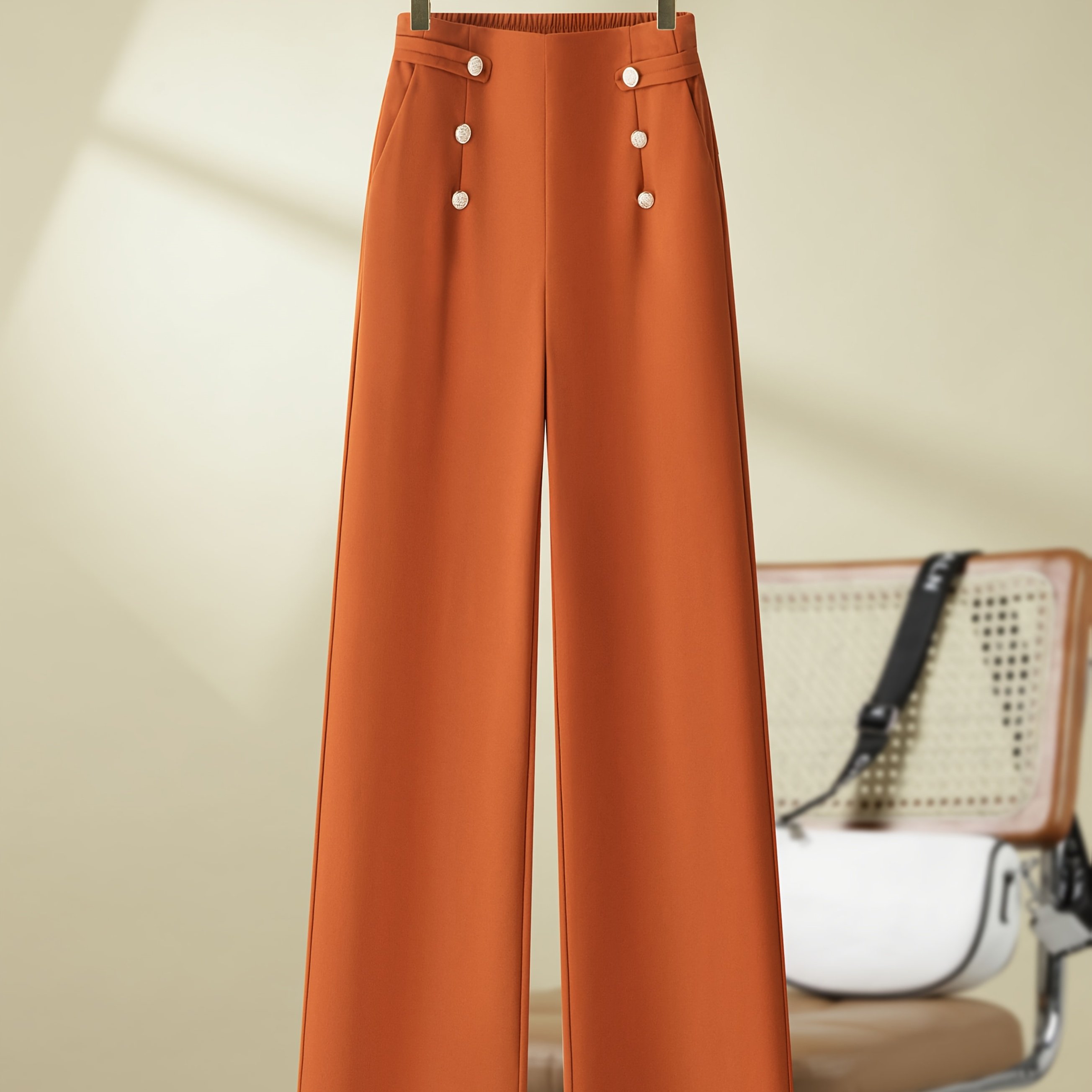 Image of Casual Solid Color Wide-leg Pants, Elegant Middle Eastern Special Edition With Button Details, Women's Long Trousers For Work And Office