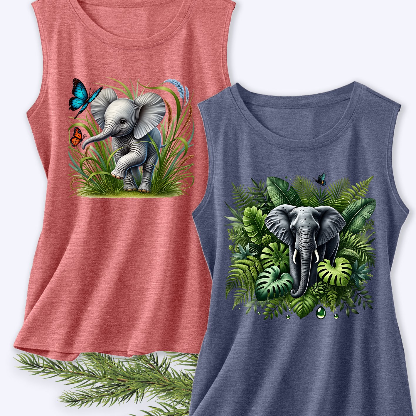TEMU Vacation Clothing Walk Straight Jungle Elephant Style 2pcs Set Women's Elegant Vest Tropical Jungle Elephant Print, Round Neck Casual Top,