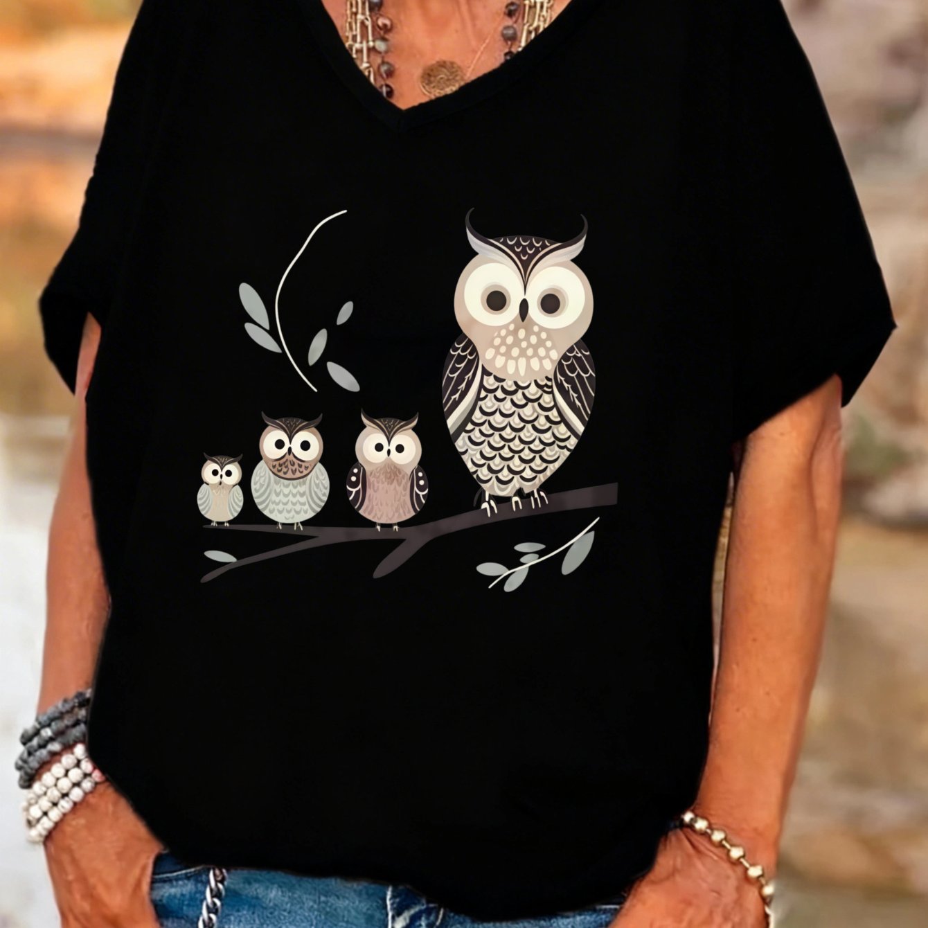 TEMU Plus Size, Plus Sizecasual Boho Style Women's V-neck Batwing Sleeves T-shirt Owl Summer Autumn Outfit Gift For Mom