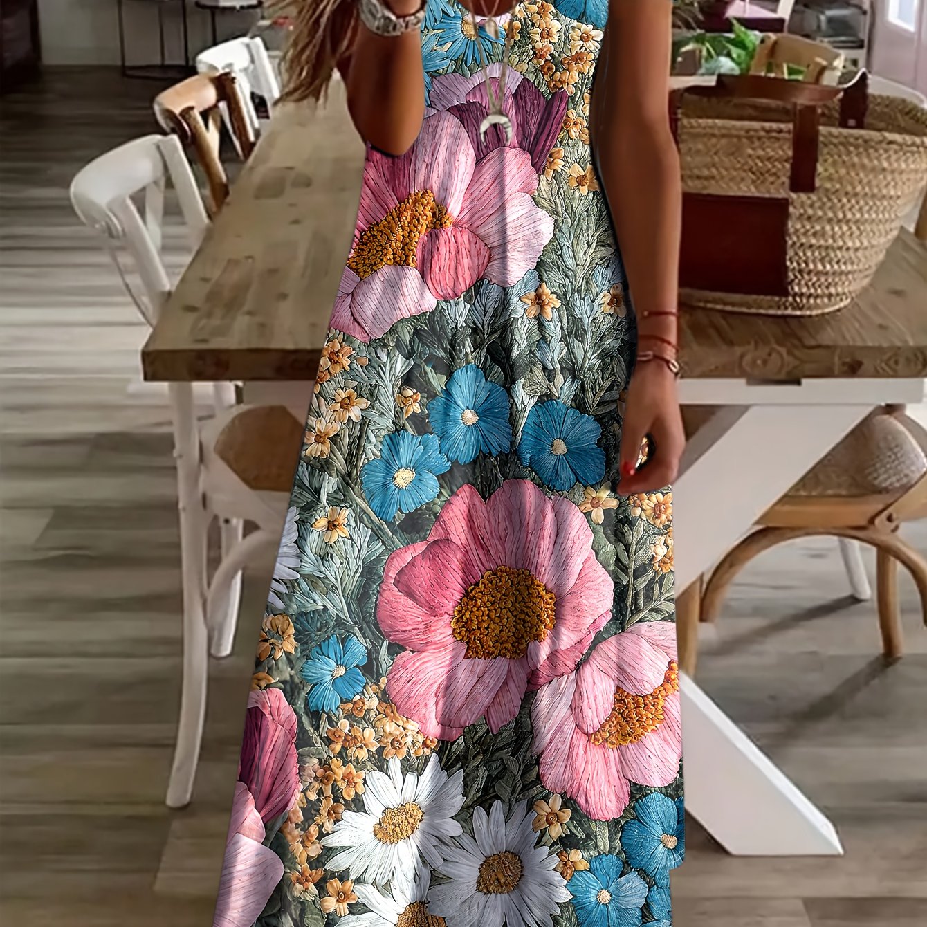 TEMU Spring Summer Women's Elegant Style Floral Print Dress