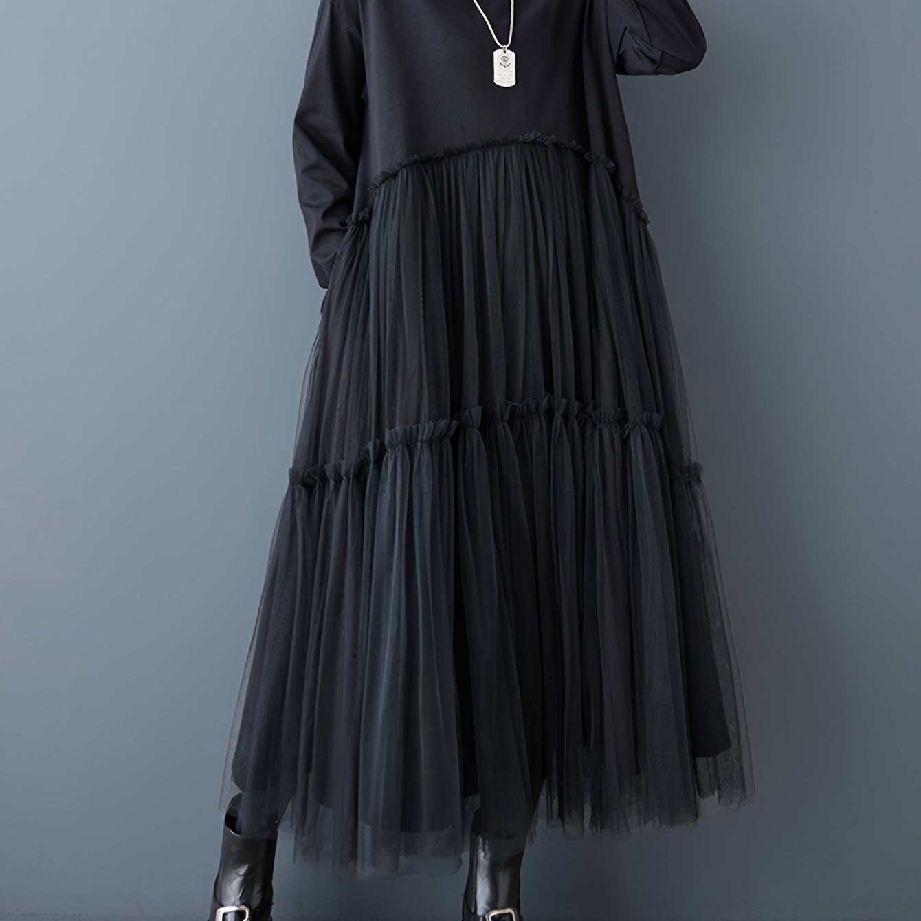 Japanese Lazy Style Mesh Dress, Round Neck Long Sleeve Casual Loose Black