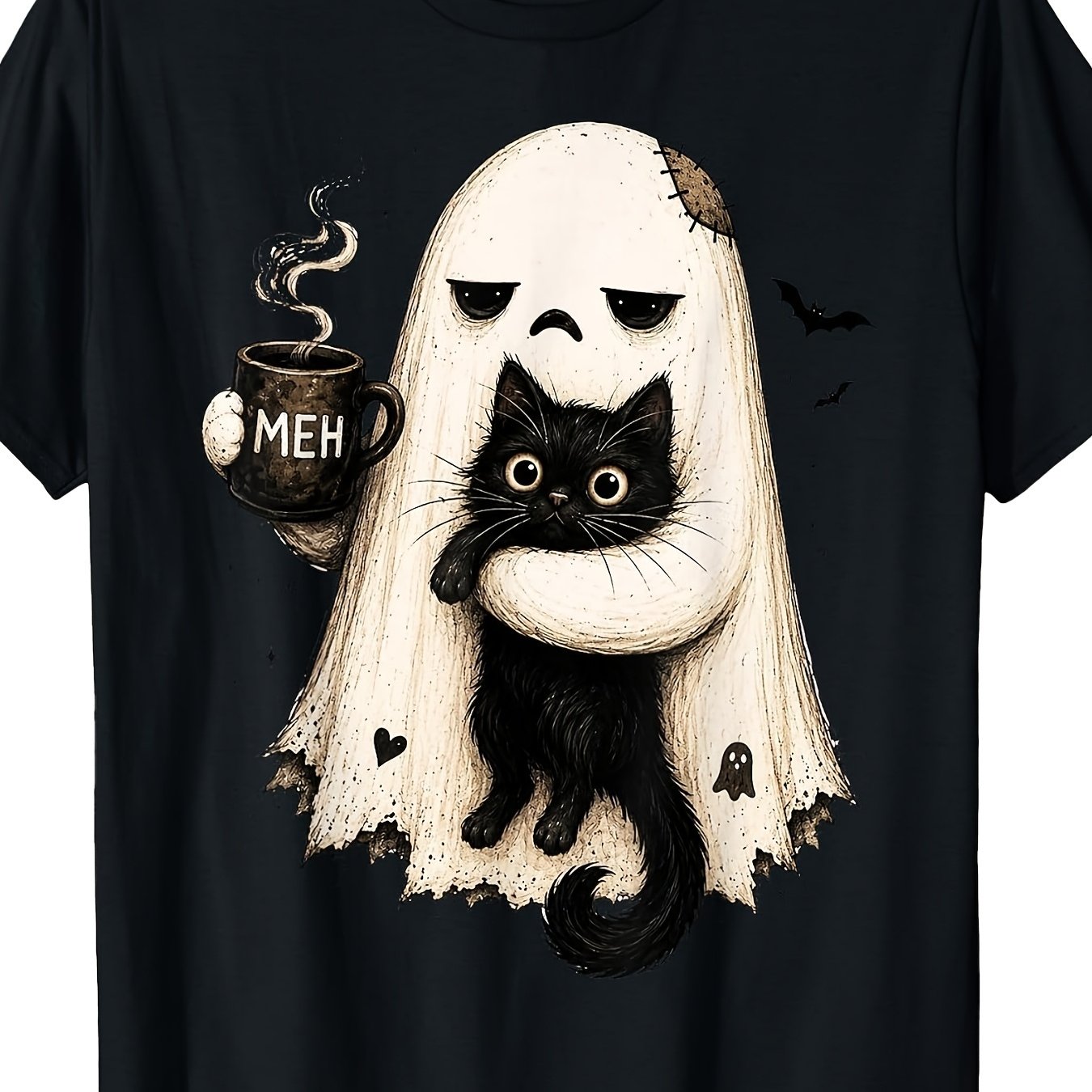 TEMU Meh Cat, Cat, Funny Halloween Coffee Lover T-shirt, Vintage Casual Round Neck Printed T-shirt