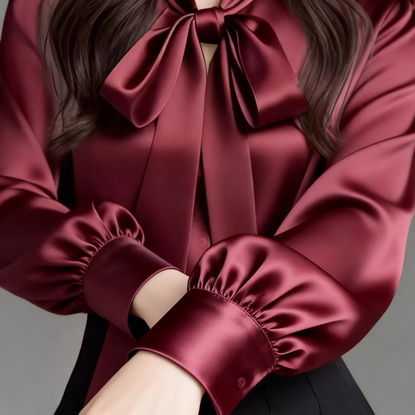TEMU Women' Color Collar Bow Tie Long Sleeve Shirt