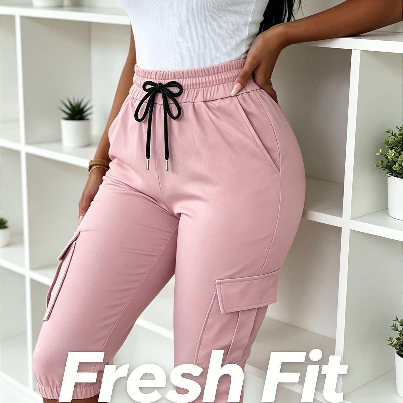 TEMU Women's High Waist Cargo Capri Pants, Drawstring Elastic Waist Knee Length Joggers With Side Pockets, Comfy Lightweight Cropped Pants For Casual