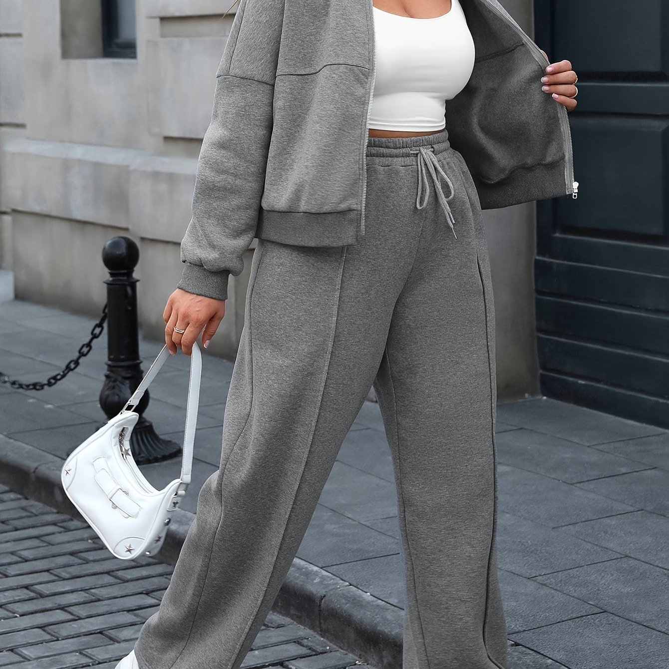 TEMU Plus Size, Plus Size Women's Autumn-winter Ribbed Long Sleeve Drawstring Pants Set