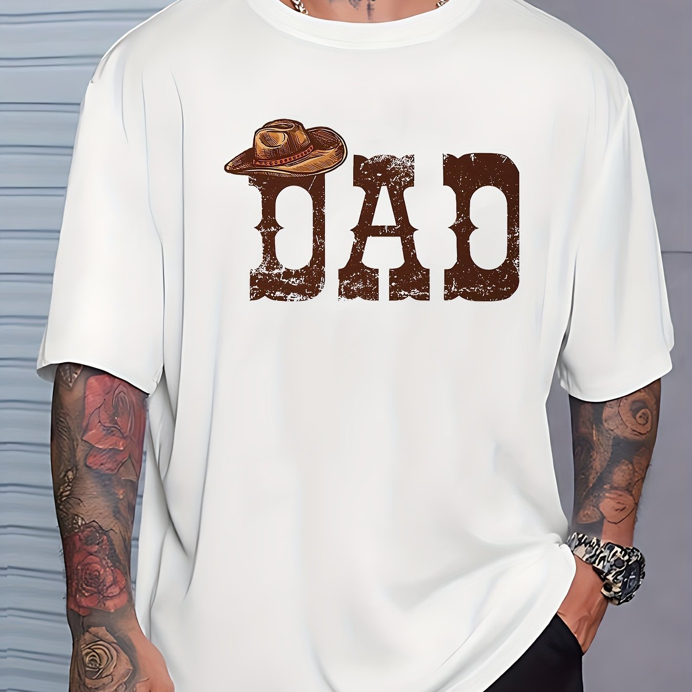 TEMU 2026dad Printed T-shirt Father's Day T-shirt Dad's Day T-shirt Men's Western Cowboy Dad Birthday T-shirt- Cowboy Pattern T-shirt With Brown Dad-