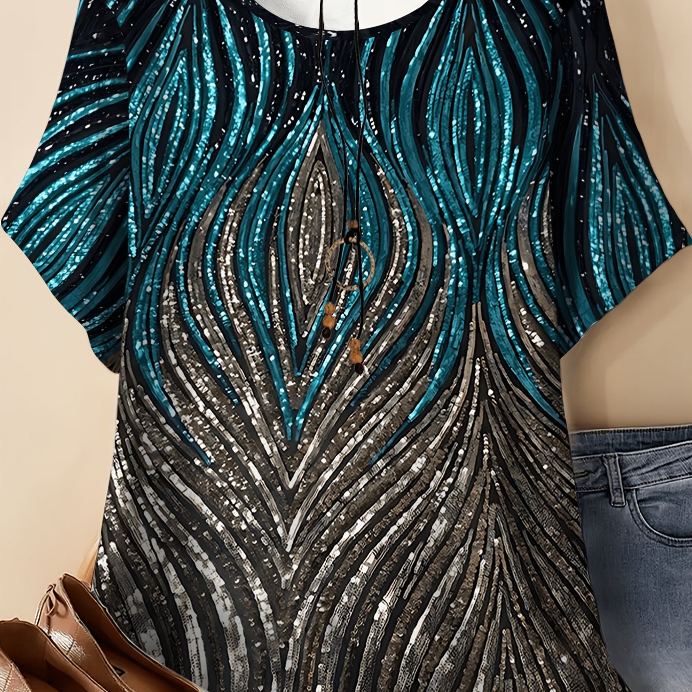 Plus Size - Plus Size - Plus Size Women's T-shirt, Featuring A Solid With A Peacock Pattern Covering The Entire Surface, Transitioning Blue To Bronze